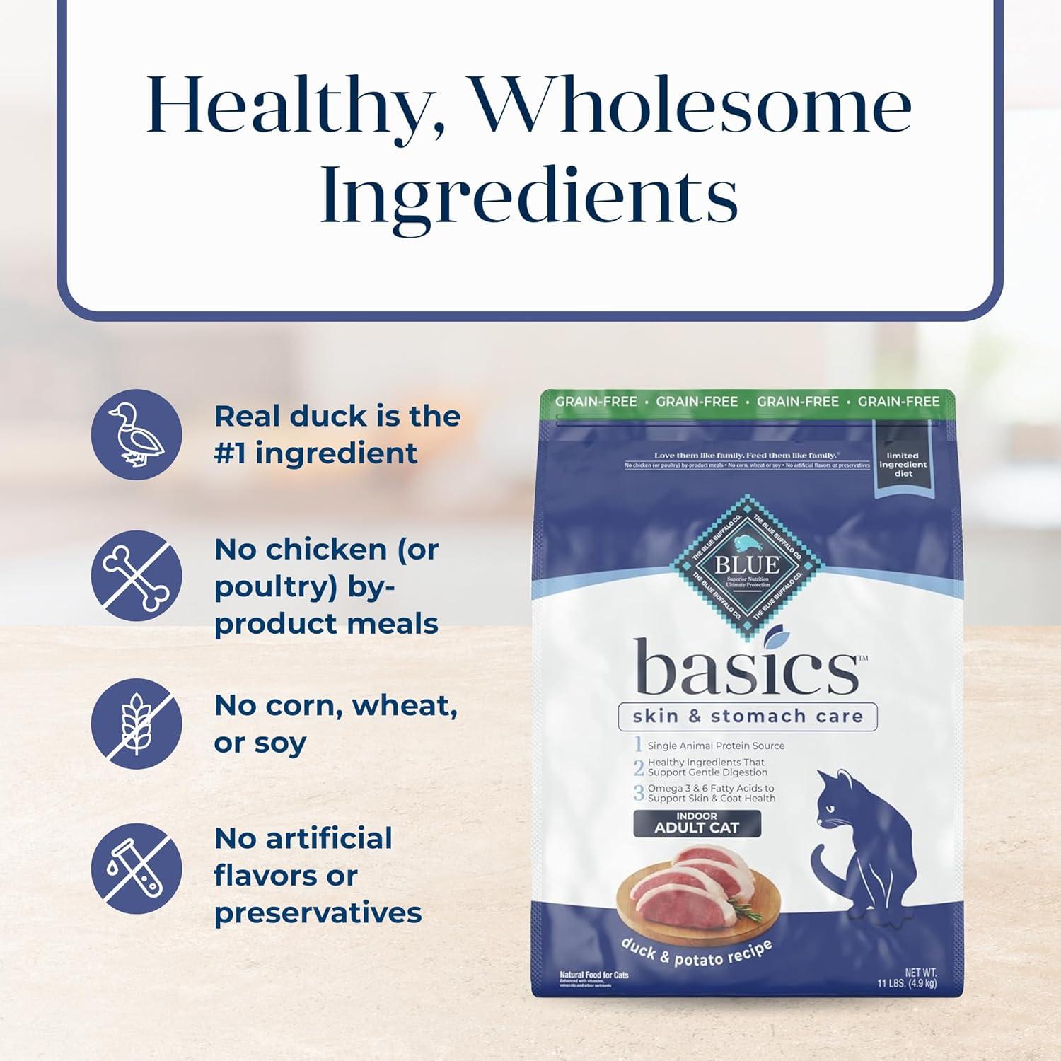 imageBlue Buffalo Basics GrainFree Dry Cat Food Skin amp Stomach Care Limited Ingredient Diet for Indoor Cats Turkey amp Potato Recipe 11lb BagDuck Potato