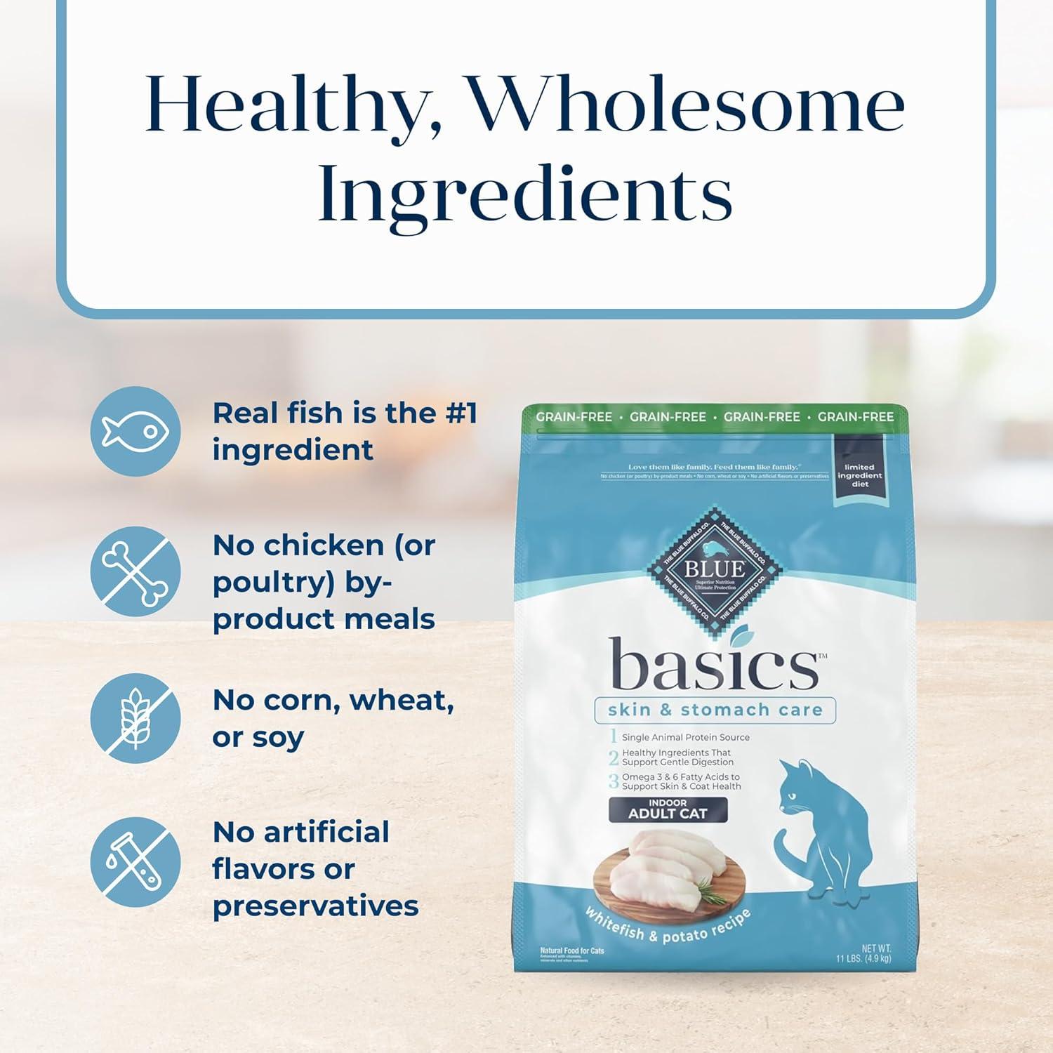 imageBlue Buffalo Basics GrainFree Dry Cat Food Skin amp Stomach Care Limited Ingredient Diet for Indoor Cats Turkey amp Potato Recipe 11lb BagFish Potato