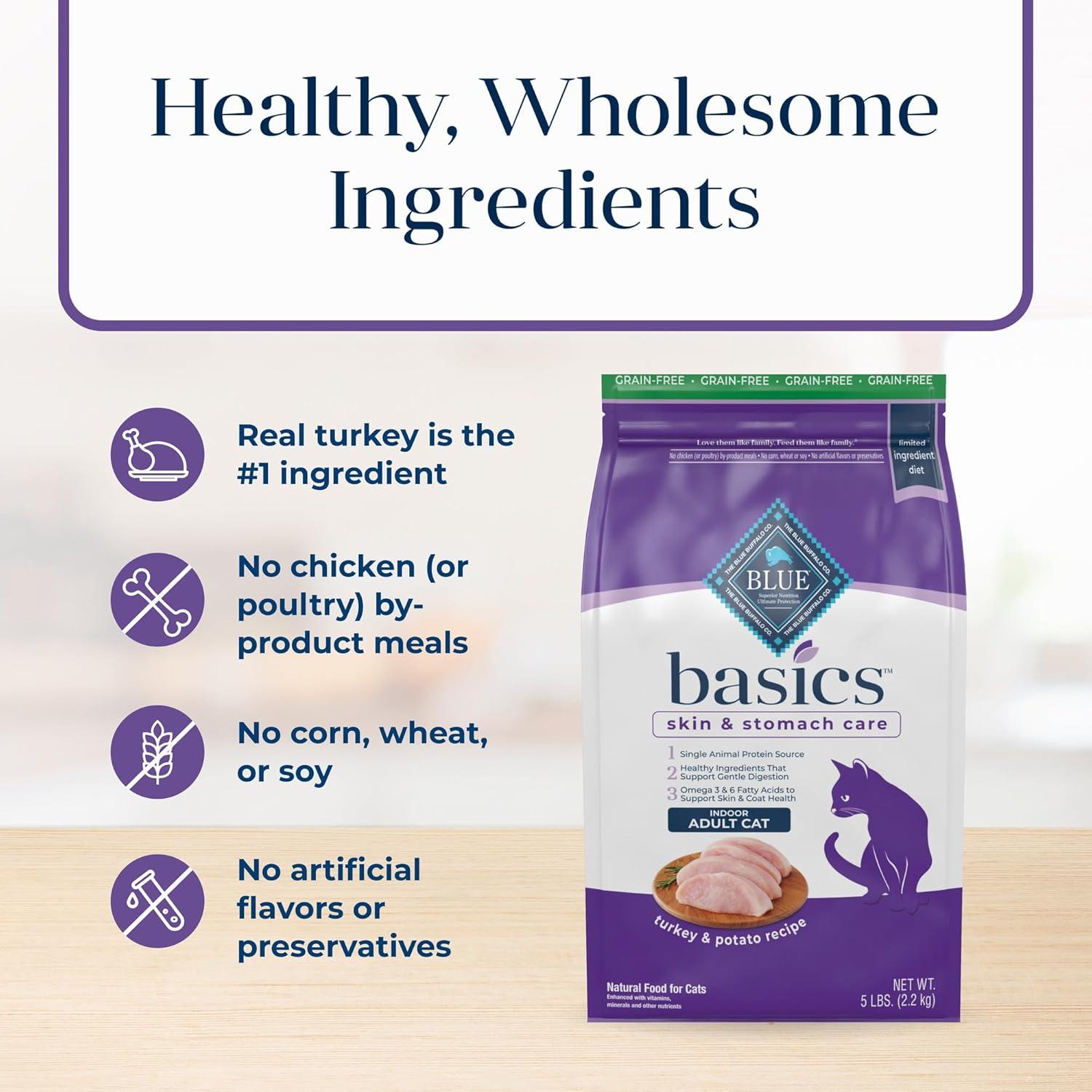 imageBlue Buffalo Basics GrainFree Dry Cat Food Skin amp Stomach Care Limited Ingredient Diet for Indoor Cats Turkey amp Potato Recipe 11lb BagTurkey Potato