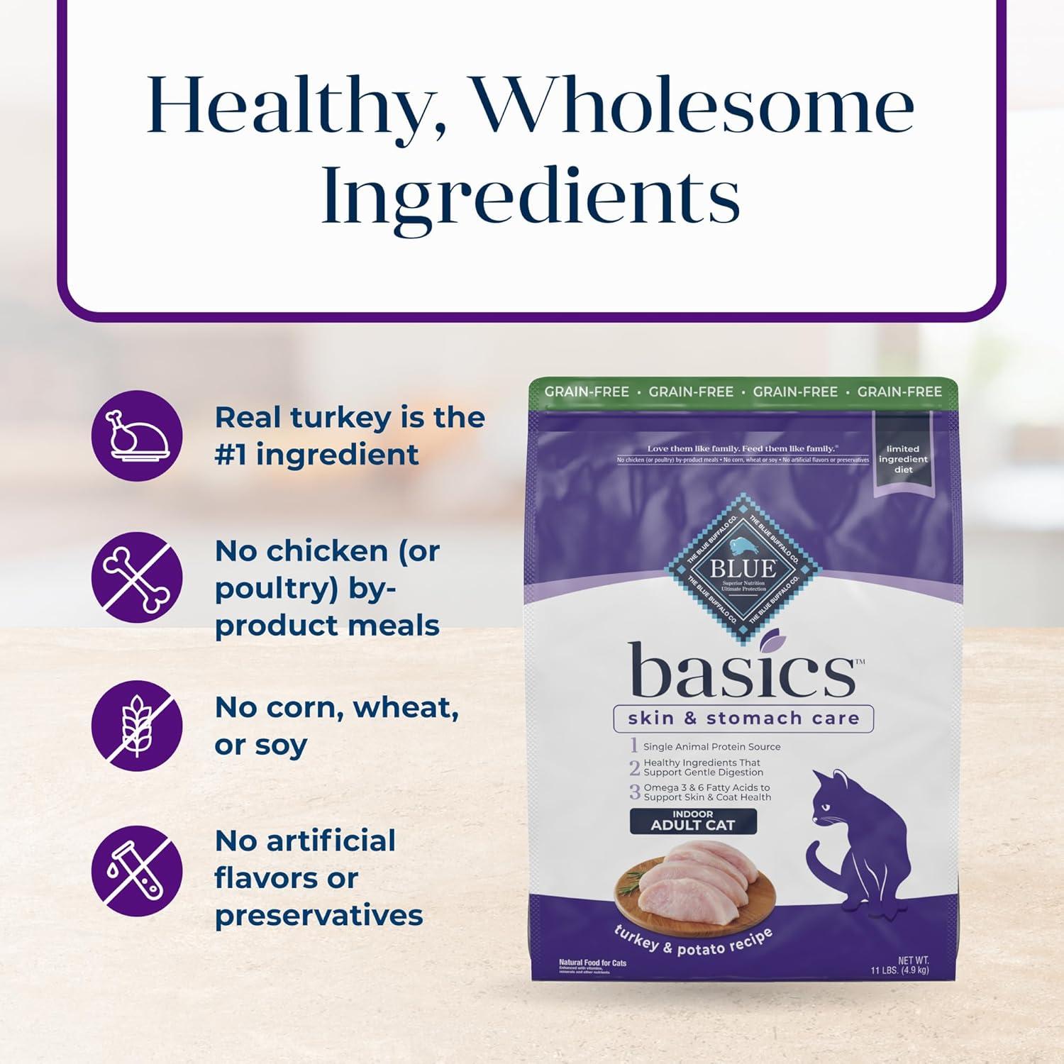 imageBlue Buffalo Basics GrainFree Dry Cat Food Skin amp Stomach Care Limited Ingredient Diet for Indoor Cats Turkey amp Potato Recipe 11lb BagTurkey Potato