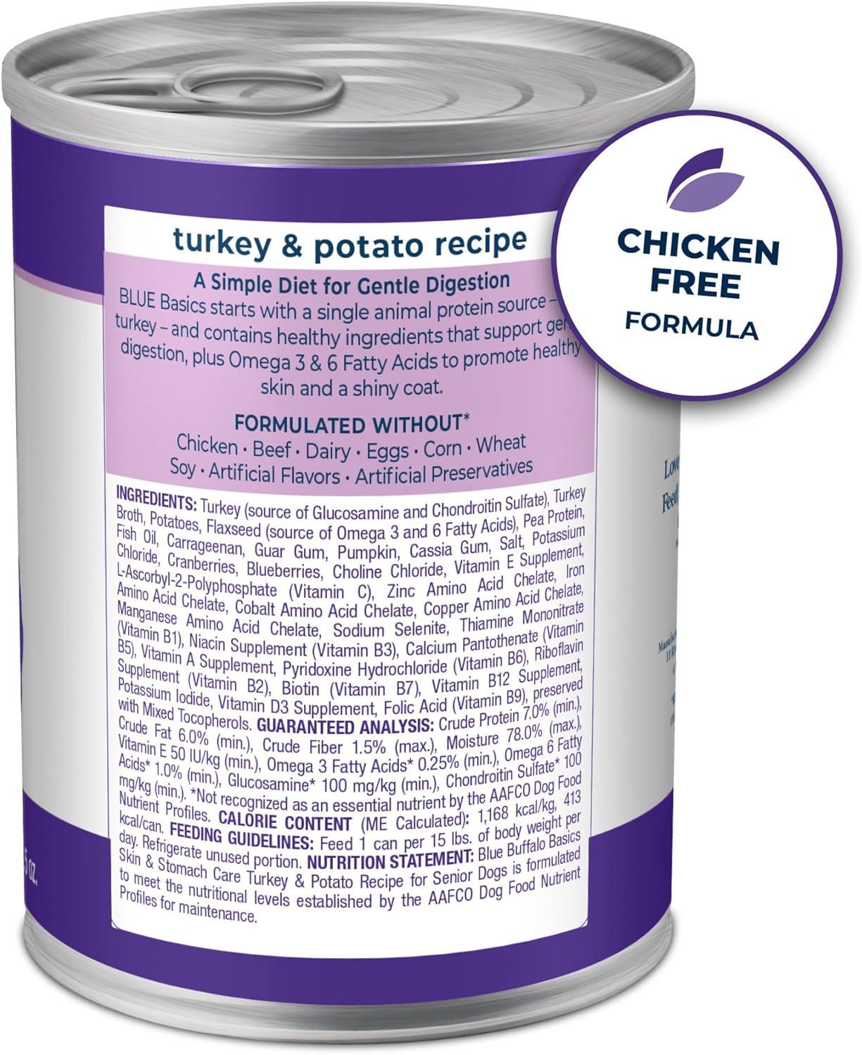 imageBlue Buffalo Basics GrainFree Senior Wet Dog Food Skin amp Stomach Care Limited Ingredient Diet Turkey Recipe 125oz Cans 12 Count