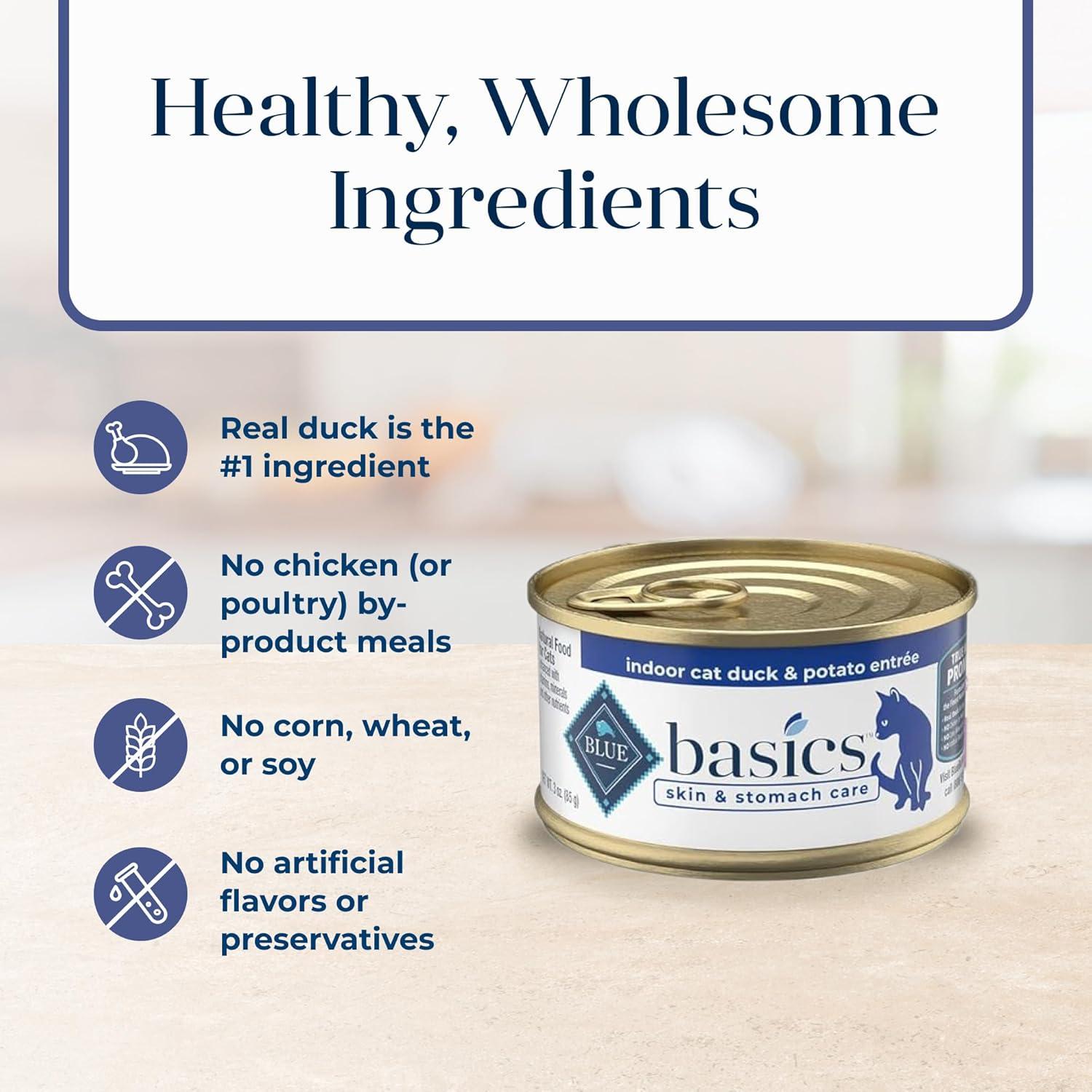 imageBlue Buffalo Basics GrainFree Wet Cat Food Skin amp Stomach Care Limited Ingredient Diet for Indoor Cats Duck amp Potato Entre 3oz Cans 24 CountDuck