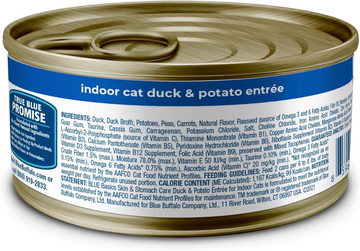 imageBlue Buffalo Basics GrainFree Wet Cat Food Skin amp Stomach Care Limited Ingredient Diet for Indoor Cats Duck amp Potato Entre 3oz Cans 24 CountDuck