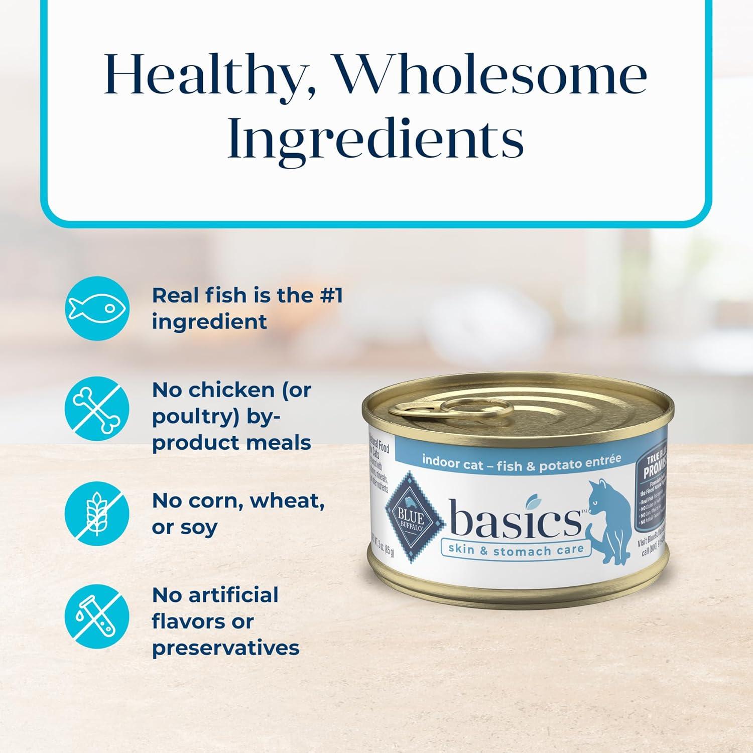 imageBlue Buffalo Basics GrainFree Wet Cat Food Skin amp Stomach Care Limited Ingredient Diet for Indoor Cats Duck amp Potato Entre 3oz Cans 24 CountFish