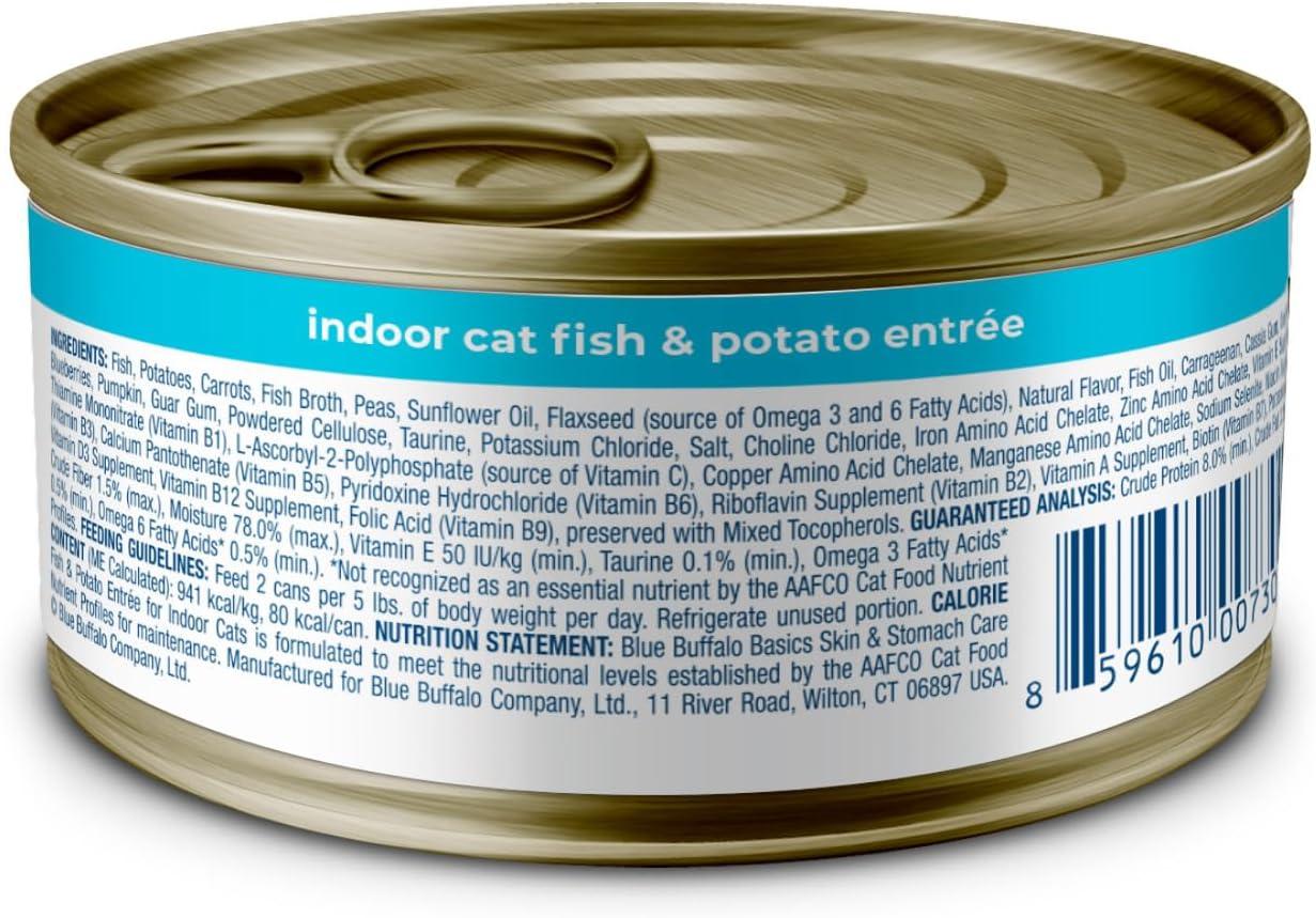 imageBlue Buffalo Basics GrainFree Wet Cat Food Skin amp Stomach Care Limited Ingredient Diet for Indoor Cats Duck amp Potato Entre 3oz Cans 24 CountFish