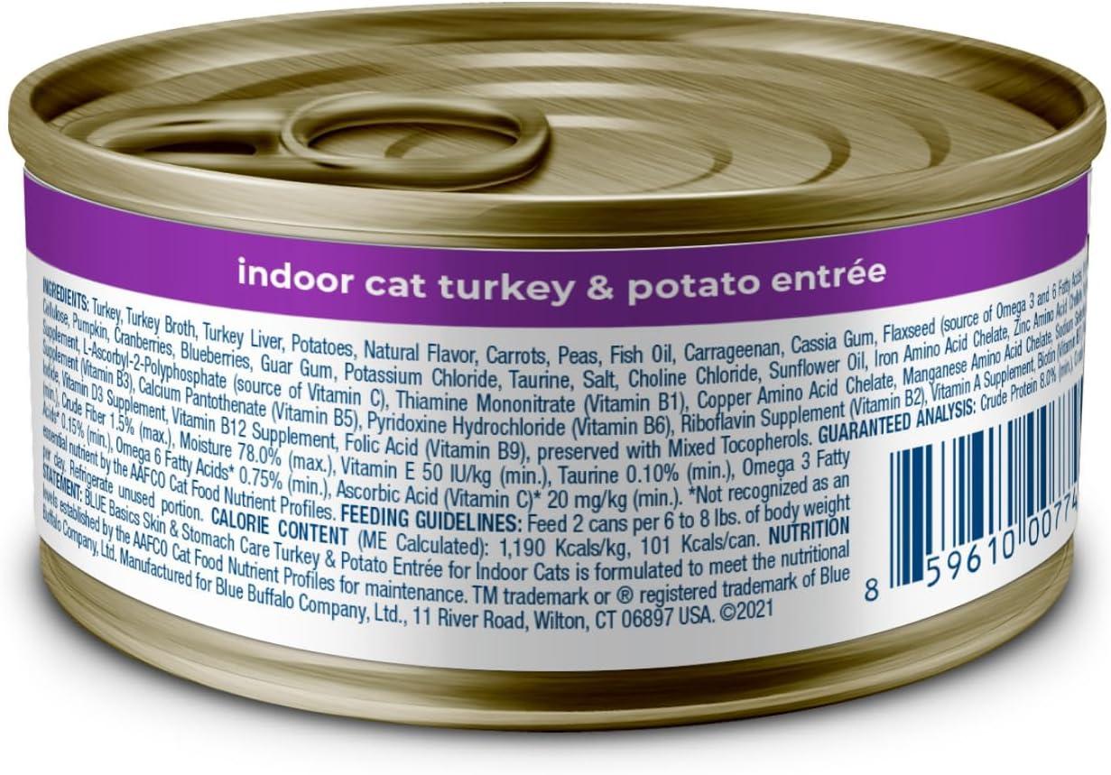 imageBlue Buffalo Basics GrainFree Wet Cat Food Skin amp Stomach Care Limited Ingredient Diet for Indoor Cats Duck amp Potato Entre 3oz Cans 24 CountTurkey