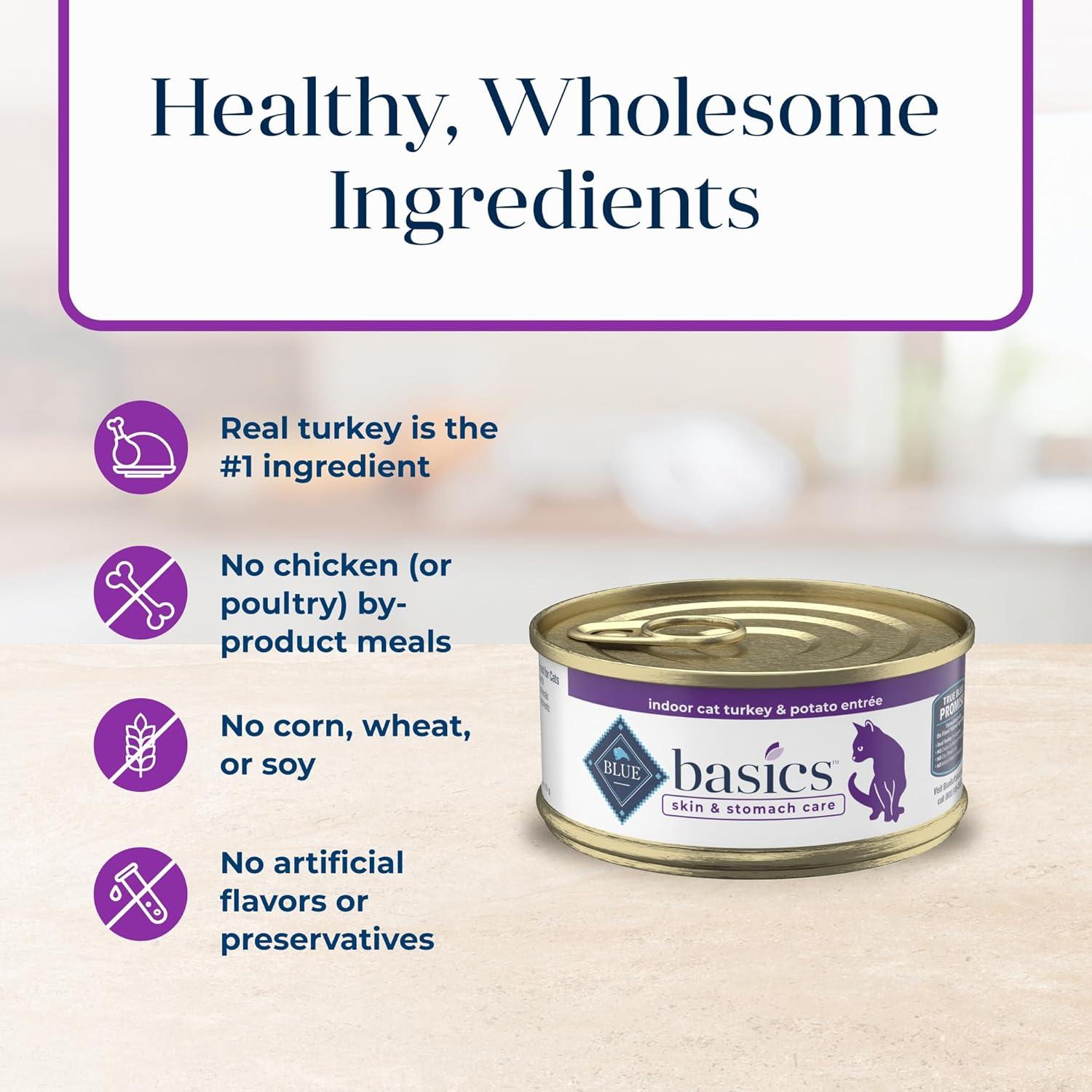 imageBlue Buffalo Basics GrainFree Wet Cat Food Skin amp Stomach Care Limited Ingredient Diet for Indoor Cats Duck amp Potato Entre 3oz Cans 24 CountTurkey
