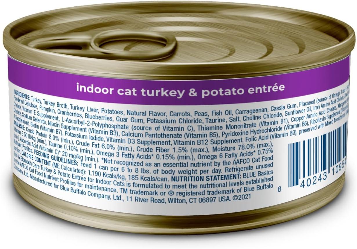imageBlue Buffalo Basics GrainFree Wet Cat Food Skin amp Stomach Care Limited Ingredient Diet for Indoor Cats Duck amp Potato Entre 3oz Cans 24 CountTurkey