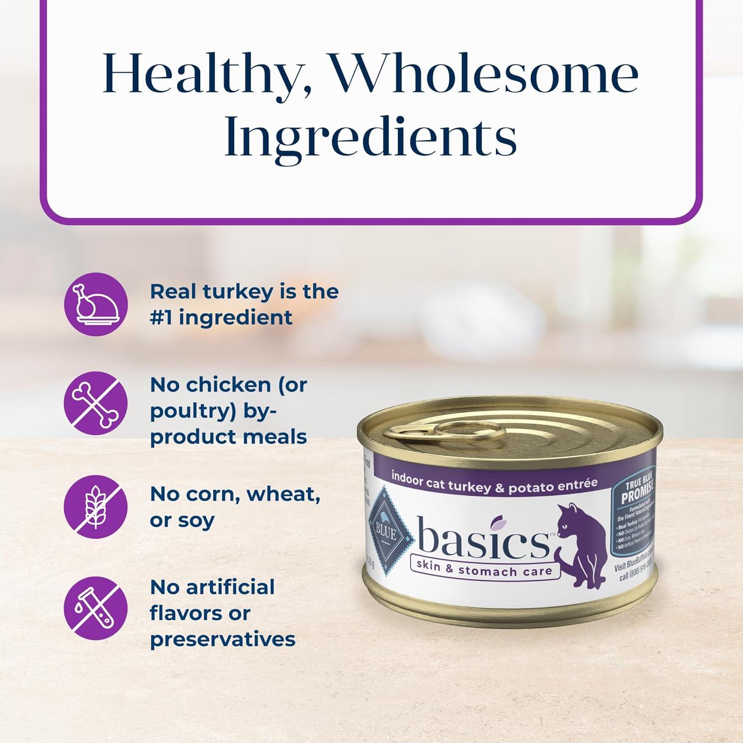 imageBlue Buffalo Basics GrainFree Wet Cat Food Skin amp Stomach Care Limited Ingredient Diet for Indoor Cats Duck amp Potato Entre 3oz Cans 24 CountTurkey