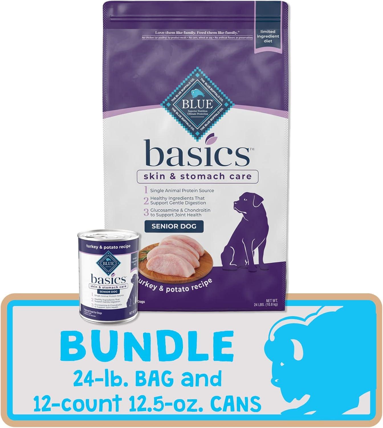 imageBlue Buffalo Basics Limited Ingredient Diet Natural Senior Dog Food Bundle Dry Dog Food and Wet Dog Food Turkey 24lb Dry Food 125oz cans 12ctBundle Dry Wet Turkey Potato