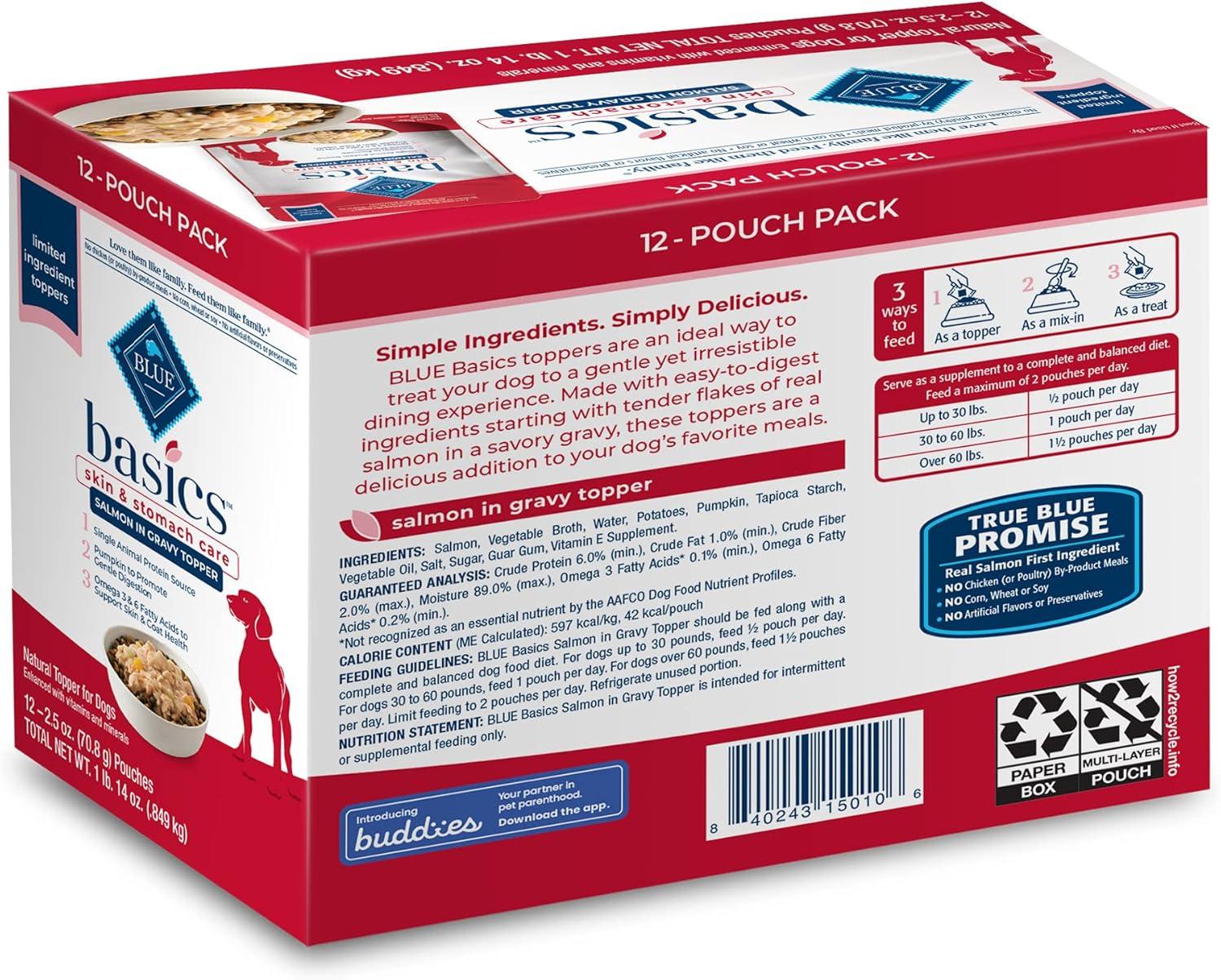 imageBlue Buffalo Basics Skin amp Stomach Care Natural Wet Dog Food Topper Salmon in Gravy 25oz Pouch 12 Pack188 Pound Pack of 2