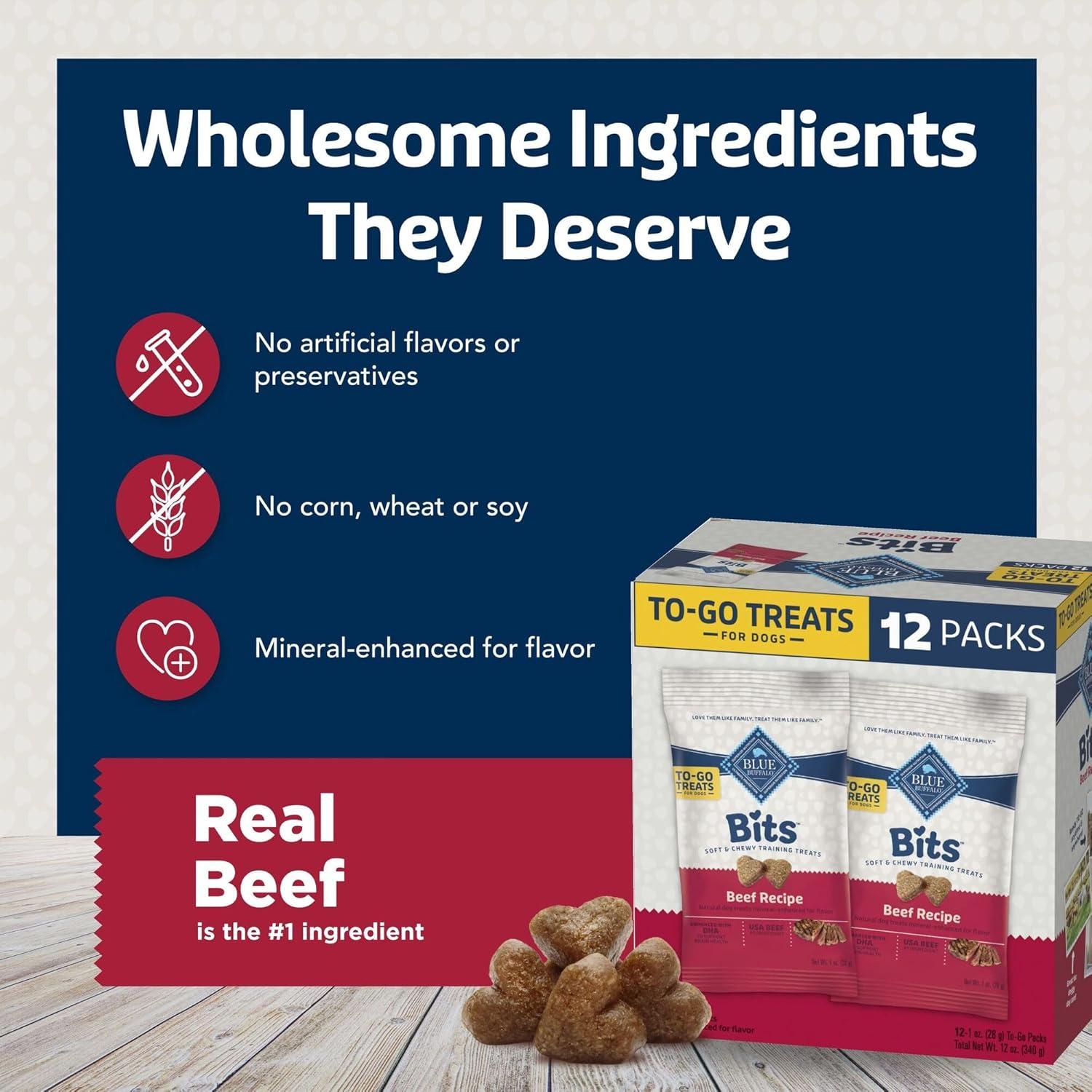 imageBlue Buffalo Bits Natural Soft Moist to Go Dog Training Treats Beef Recipe 1oz Bags Pack of 12BLUE Bits Beef
