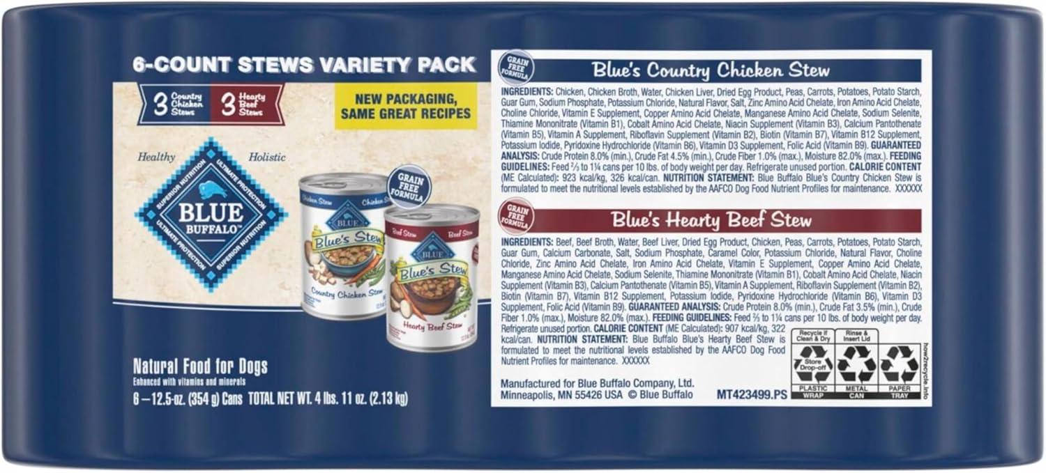 imageBlue Buffalo Blues Stew Natural Wet Dog Food Made with Natural Ingredients Hearty Beef and Country Chicken Variety Pack 125oz Cans 6 CountVariety Pack Chicken Beef