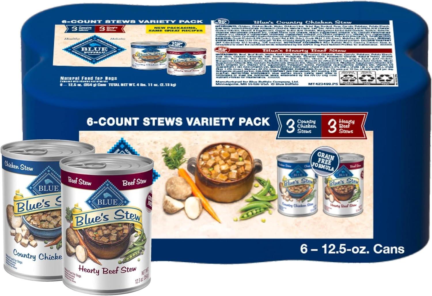 imageBlue Buffalo Blues Stew Natural Wet Dog Food Made with Natural Ingredients Hearty Beef and Country Chicken Variety Pack 125oz Cans 6 CountVariety Pack Chicken Beef