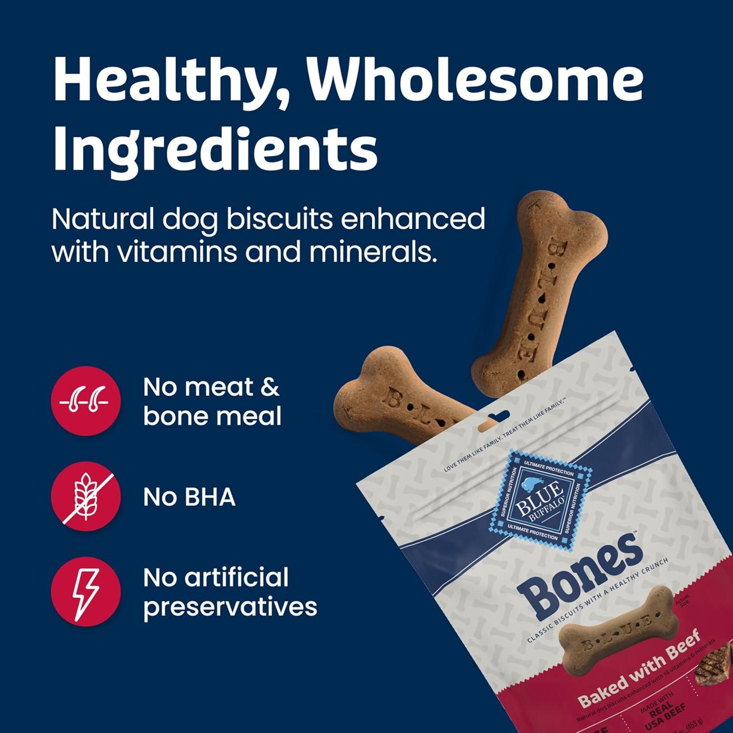 imageBlue Buffalo Bones Natural Crunchy Dog Treats Large Dog Biscuits Beef 16oz Bag 4 CountLarge Biscuits For Dogs 50 lbs Beef