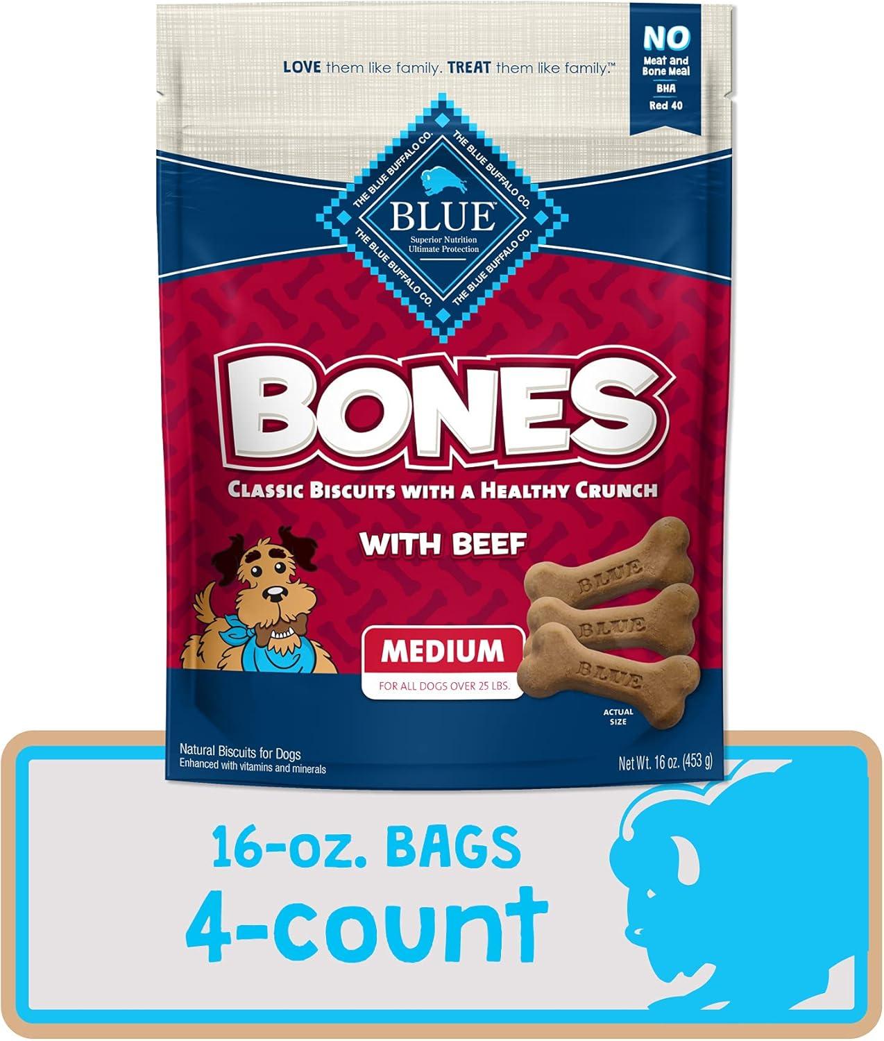 imageBlue Buffalo Bones Natural Crunchy Dog Treats Medium Dog Biscuits Beef 16oz Bag 4 CountMedium Biscuits For Dogs 25 lbs Beef