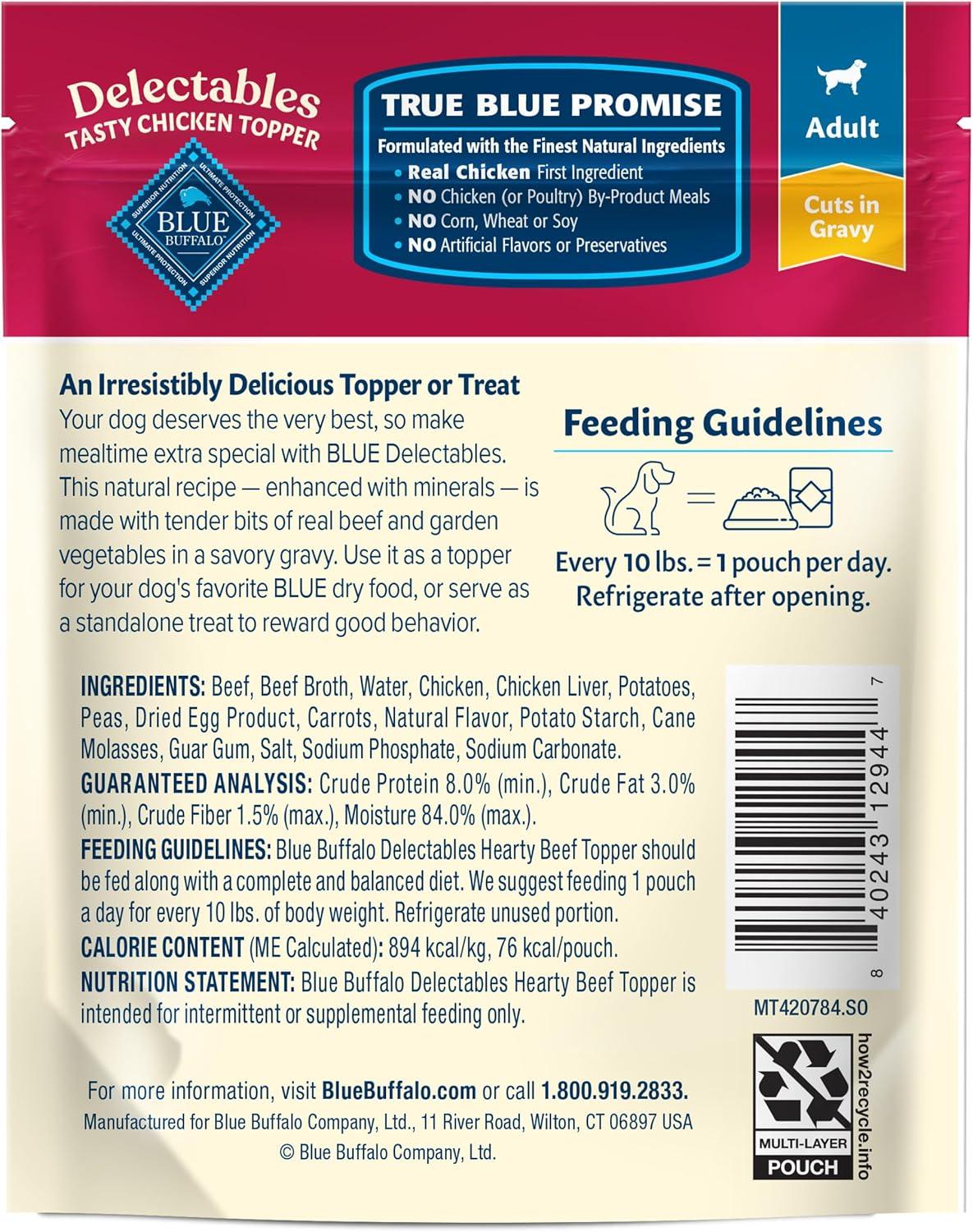 imageBlue Buffalo Delectables Natural Wet Dog Food Toppers Variety Pack Tasty Chicken amp Hearty Beef Cuts in Gravy 3oz 12 Pouches 6 of Each FlavorBeef