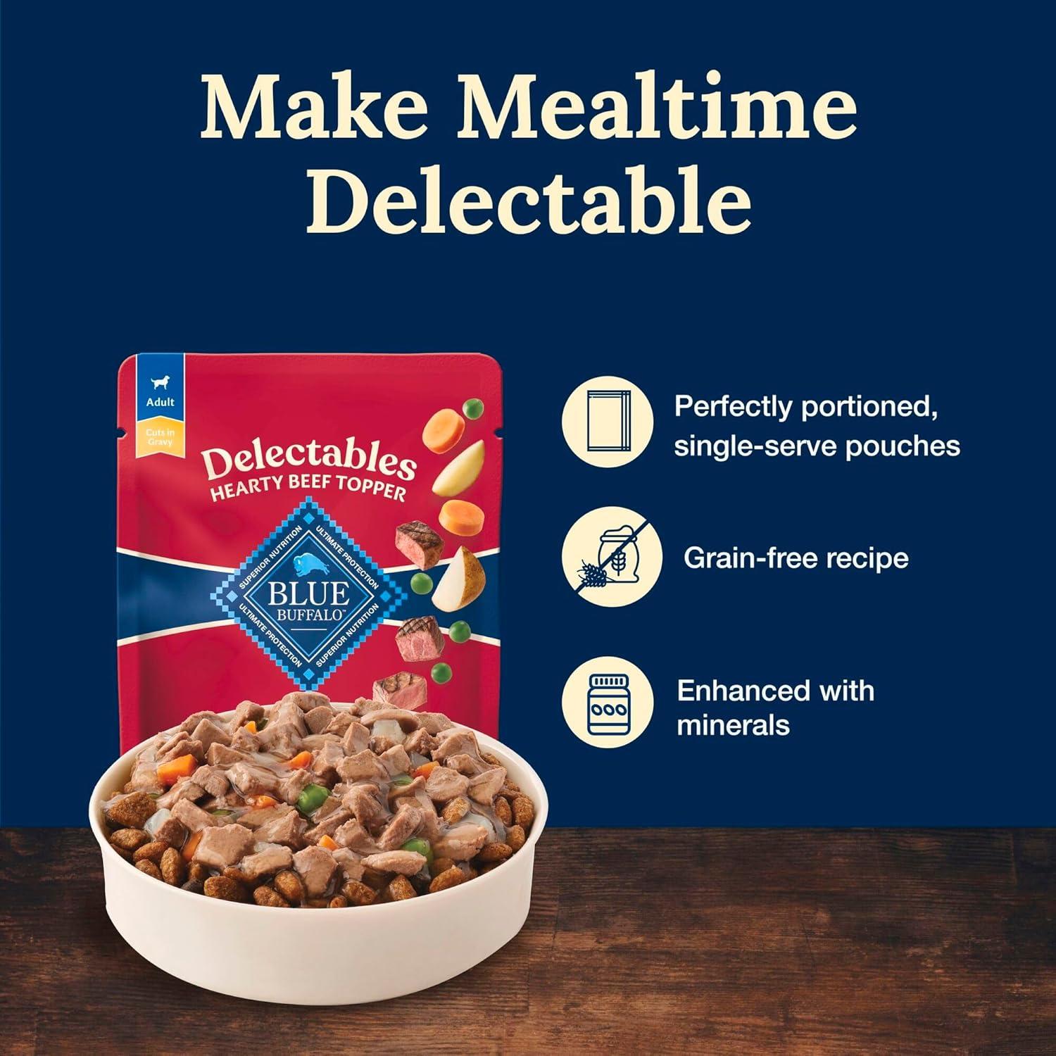 imageBlue Buffalo Delectables Natural Wet Dog Food Toppers Variety Pack Tasty Chicken amp Hearty Beef Cuts in Gravy 3oz 12 Pouches 6 of Each FlavorBeef