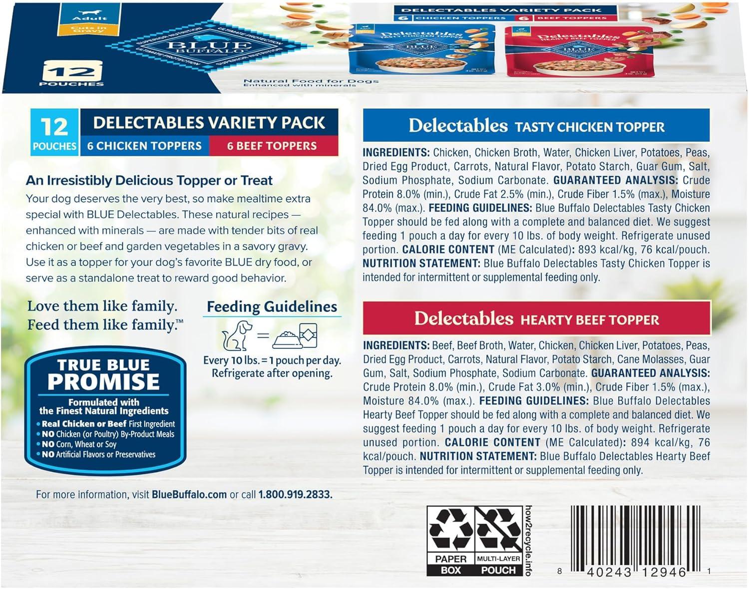 imageBlue Buffalo Delectables Natural Wet Dog Food Toppers Variety Pack Tasty Chicken amp Hearty Beef Cuts in Gravy 3oz 12 Pouches 6 of Each FlavorChicken Beef