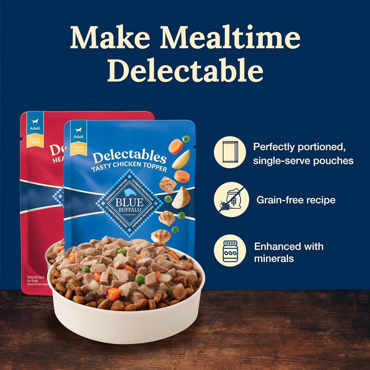 imageBlue Buffalo Delectables Natural Wet Dog Food Toppers Variety Pack Tasty Chicken amp Hearty Beef Cuts in Gravy 3oz 12 Pouches 6 of Each FlavorChicken Beef