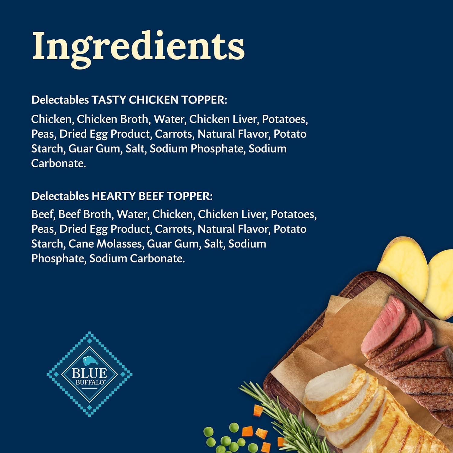 imageBlue Buffalo Delectables Natural Wet Dog Food Toppers Variety Pack Tasty Chicken amp Hearty Beef Cuts in Gravy 3oz 12 Pouches 6 of Each FlavorChicken Beef