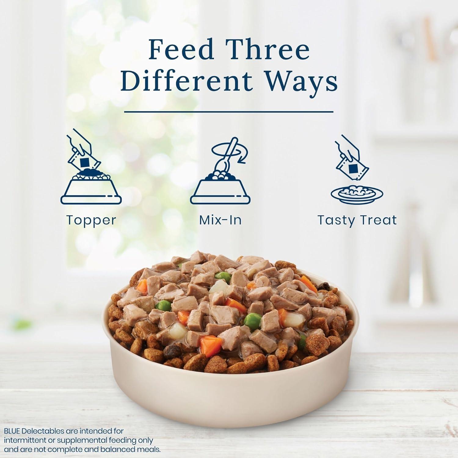 imageBlue Buffalo Delectables Natural Wet Dog Food Toppers Variety Pack Tasty Chicken amp Hearty Beef Cuts in Gravy 3oz 12 Pouches 6 of Each FlavorChicken Beef Turkey Lamb
