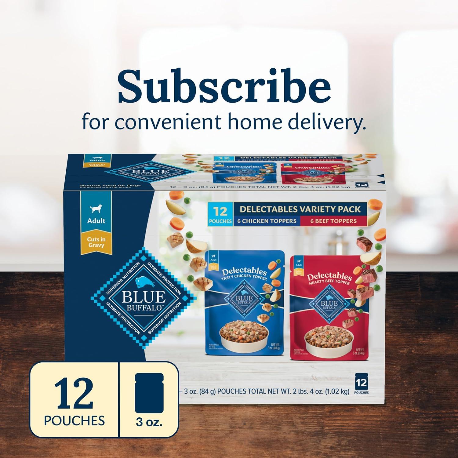 imageBlue Buffalo Delectables Natural Wet Dog Food Toppers Variety Pack Tasty Chicken amp Hearty Beef Cuts in Gravy 3oz 12 Pouches 6 of Each FlavorChicken Beef