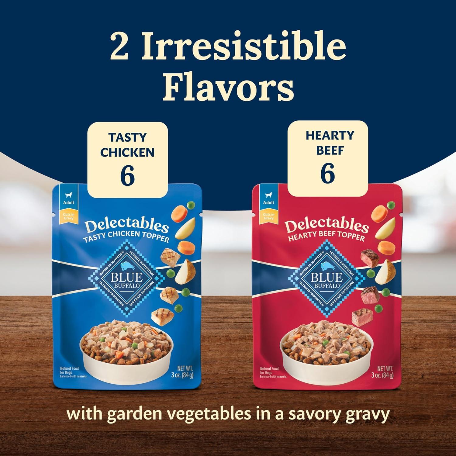 imageBlue Buffalo Delectables Natural Wet Dog Food Toppers Variety Pack Tasty Chicken amp Hearty Beef Cuts in Gravy 3oz 12 Pouches 6 of Each FlavorChicken Beef