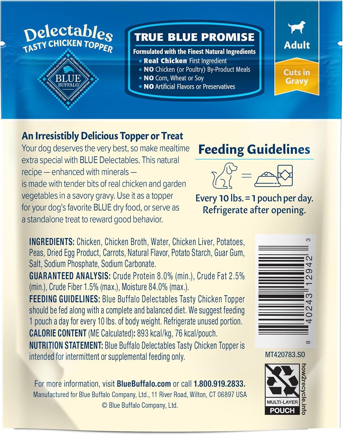 imageBlue Buffalo Delectables Natural Wet Dog Food Toppers Variety Pack Tasty Chicken amp Hearty Beef Cuts in Gravy 3oz 12 Pouches 6 of Each FlavorChicken