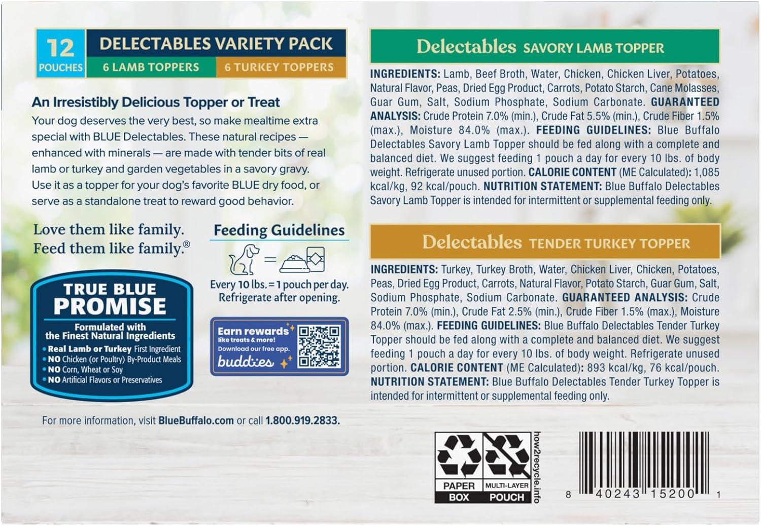 imageBlue Buffalo Delectables Natural Wet Dog Food Toppers Variety Pack Tasty Chicken amp Hearty Beef Cuts in Gravy 3oz 12 Pouches 6 of Each FlavorLamb Turkey