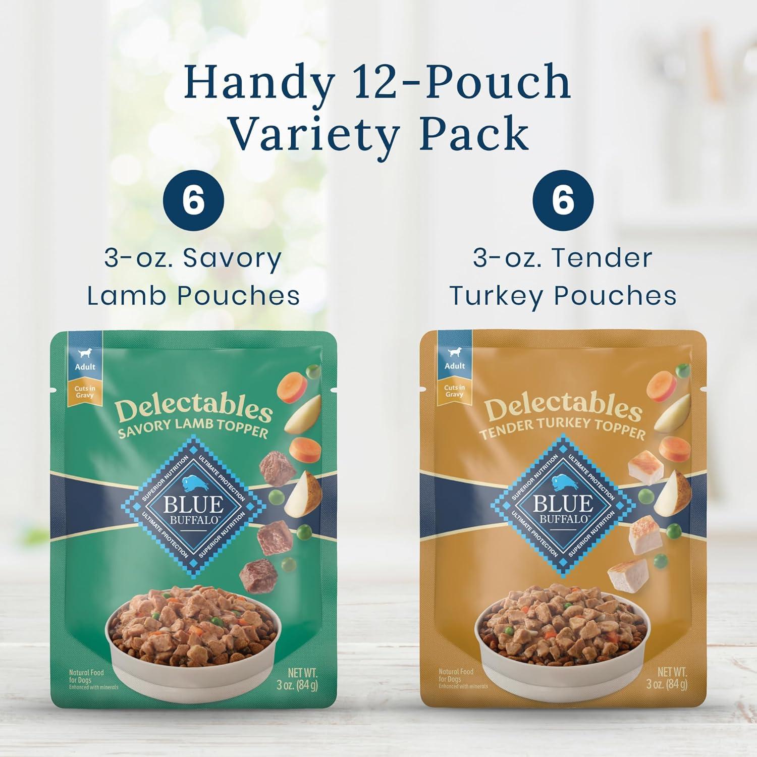 imageBlue Buffalo Delectables Natural Wet Dog Food Toppers Variety Pack Tasty Chicken amp Hearty Beef Cuts in Gravy 3oz 12 Pouches 6 of Each FlavorLamb Turkey