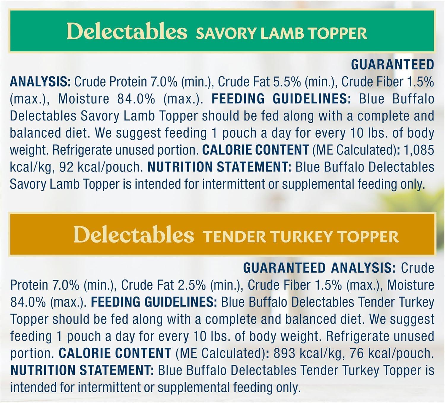 imageBlue Buffalo Delectables Natural Wet Dog Food Toppers Variety Pack Tasty Chicken amp Hearty Beef Cuts in Gravy 3oz 12 Pouches 6 of Each FlavorLamb Turkey