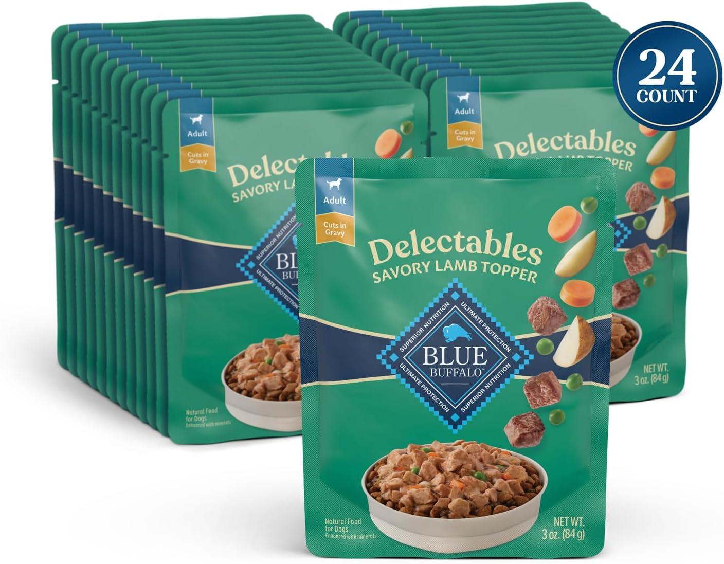 imageBlue Buffalo Delectables Natural Wet Dog Food Toppers Variety Pack Tasty Chicken amp Hearty Beef Cuts in Gravy 3oz 12 Pouches 6 of Each FlavorLamb