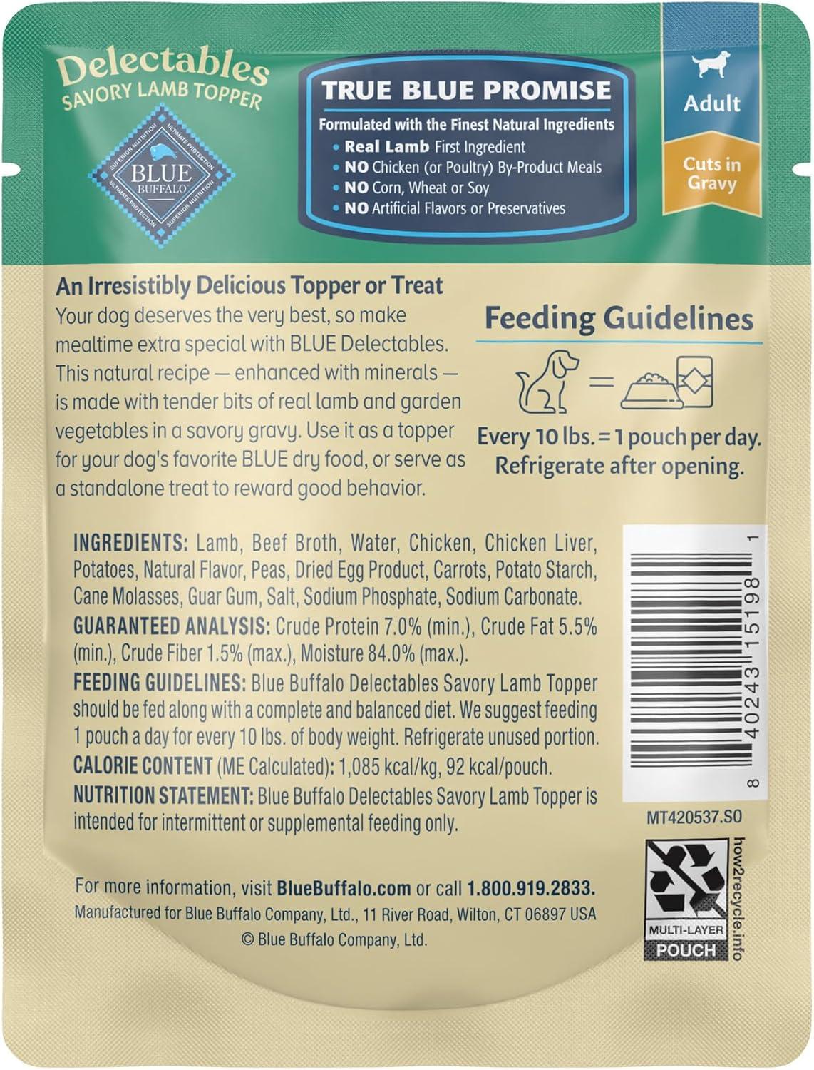 imageBlue Buffalo Delectables Natural Wet Dog Food Toppers Variety Pack Tasty Chicken amp Hearty Beef Cuts in Gravy 3oz 12 Pouches 6 of Each FlavorLamb
