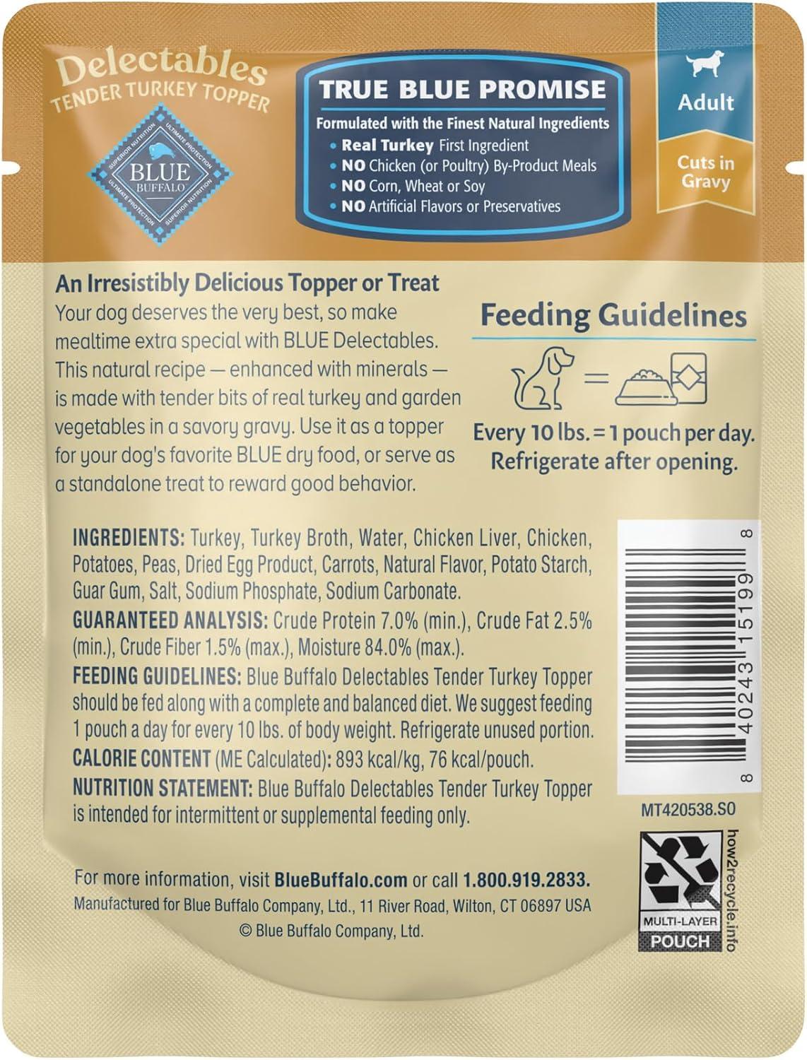imageBlue Buffalo Delectables Natural Wet Dog Food Toppers Variety Pack Tasty Chicken amp Hearty Beef Cuts in Gravy 3oz 12 Pouches 6 of Each FlavorTurkey