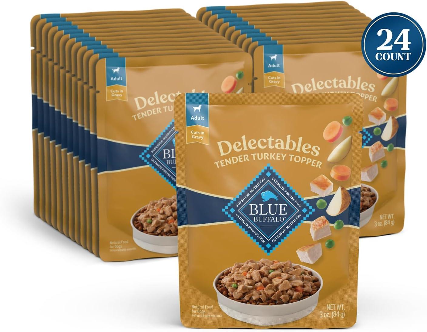 imageBlue Buffalo Delectables Natural Wet Dog Food Toppers Variety Pack Tasty Chicken amp Hearty Beef Cuts in Gravy 3oz 12 Pouches 6 of Each FlavorTurkey
