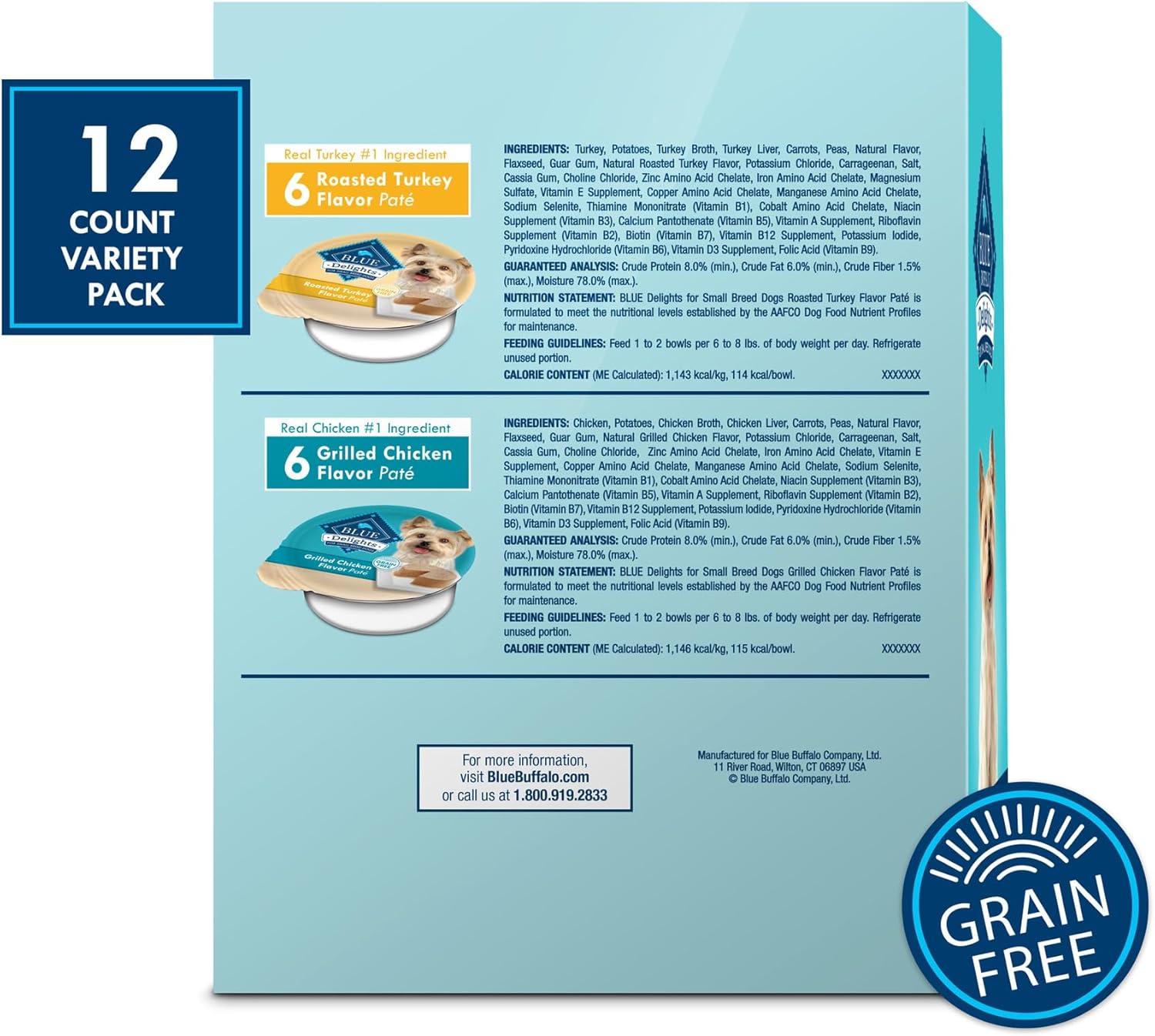imageBlue Buffalo Delights Natural Adult Small Breed Wet Dog Food Variety Pack Made with Natural Ingredients Filet Mignon Flavor Pat amp Porterhouse Flavor Pat 35oz Cups 12 Count 6 of EachRoasted Turkey Grilled Chicken