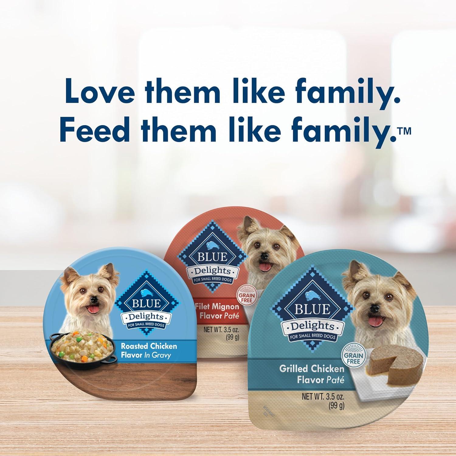 imageBlue Buffalo Delights Natural Adult Small Breed Wet Dog Food Variety Pack Made with Natural Ingredients Filet Mignon Flavor Pat amp Porterhouse Flavor Pat 35oz Cups 12 Count 6 of EachChicken