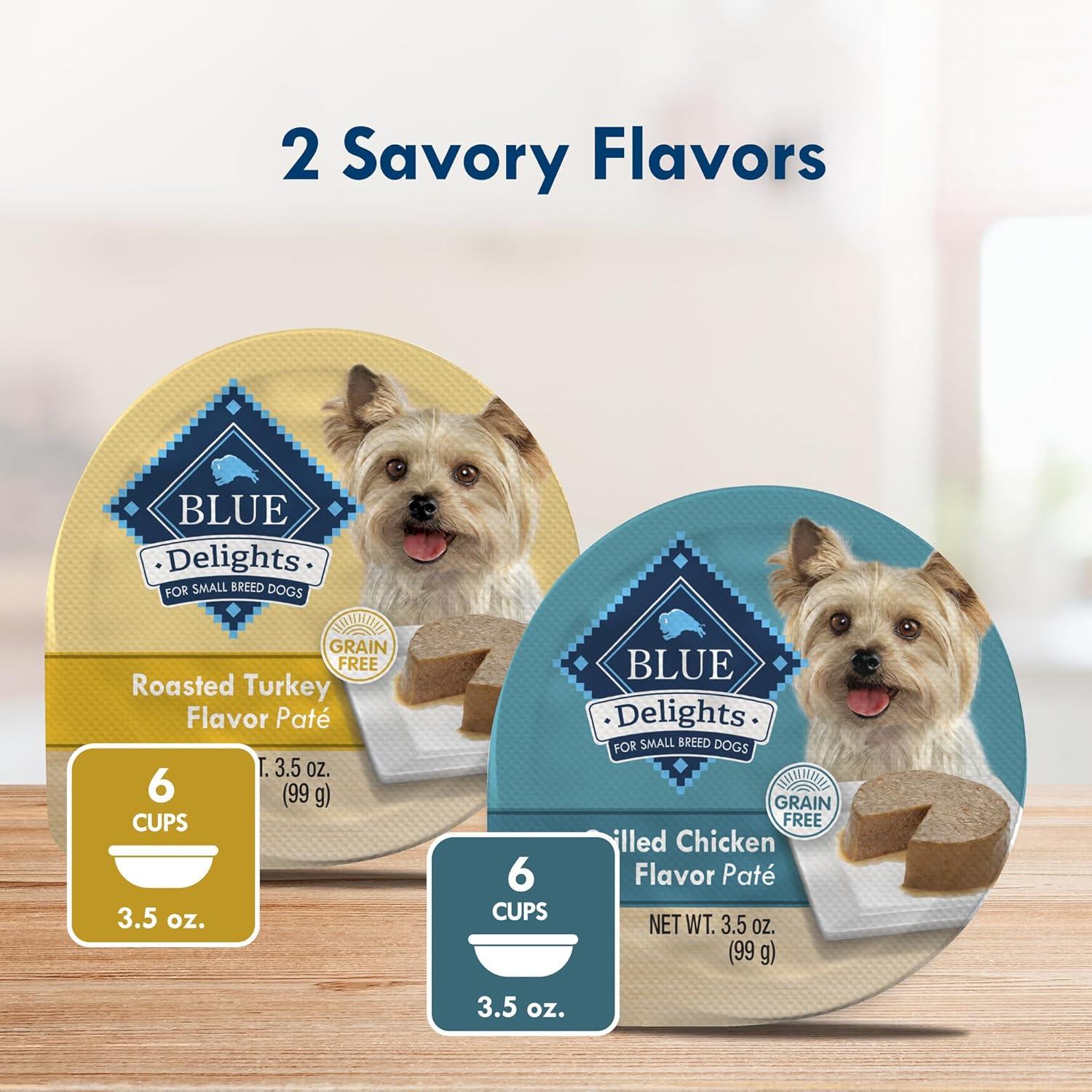 imageBlue Buffalo Delights Natural Adult Small Breed Wet Dog Food Variety Pack Made with Natural Ingredients Filet Mignon Flavor Pat amp Porterhouse Flavor Pat 35oz Cups 12 Count 6 of EachRoasted Turkey Grilled Chicken