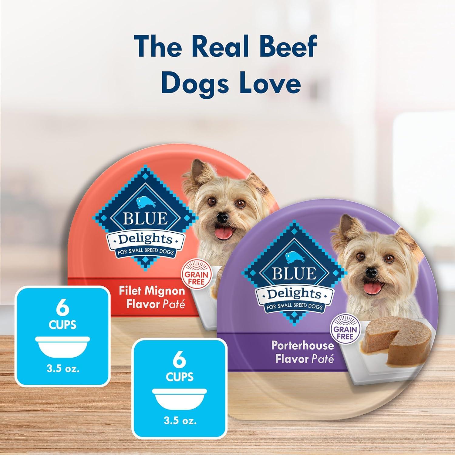 imageBlue Buffalo Delights Natural Adult Small Breed Wet Dog Food Variety Pack Made with Natural Ingredients Filet Mignon Flavor Pat amp Porterhouse Flavor Pat 35oz Cups 12 Count 6 of EachFilet Mignon Porterhouse