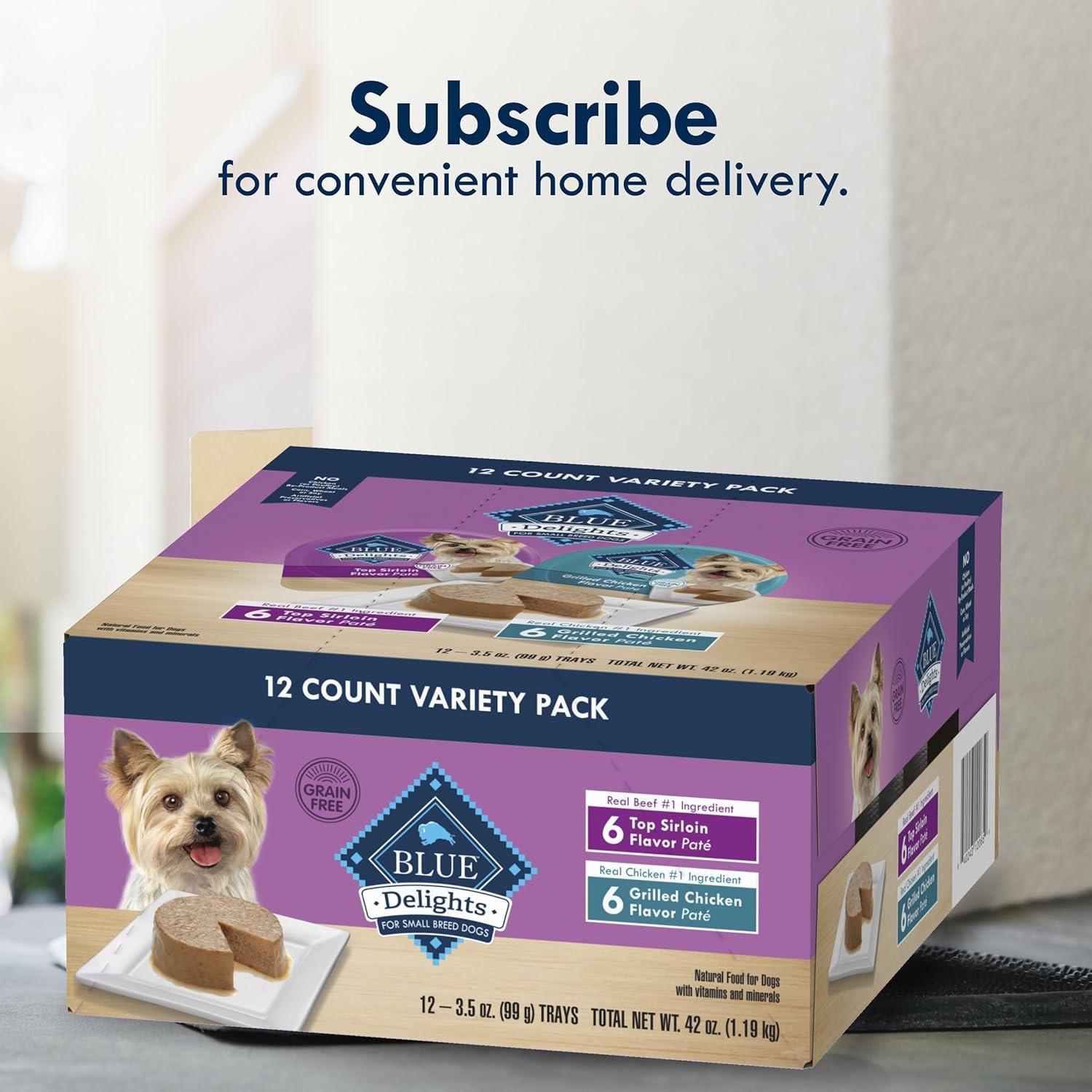 imageBlue Buffalo Delights Natural Adult Small Breed Wet Dog Food Variety Pack Made with Natural Ingredients Filet Mignon Flavor Pat amp Porterhouse Flavor Pat 35oz Cups 12 Count 6 of EachTop Sirloin Grilled Chicken