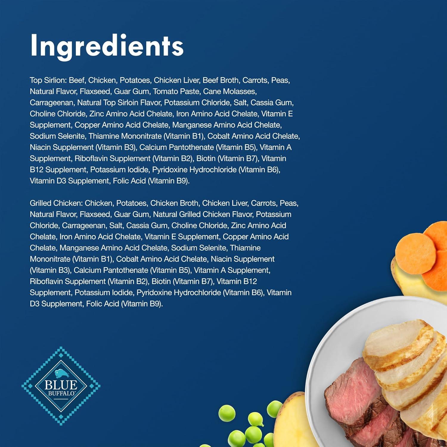 imageBlue Buffalo Delights Natural Adult Small Breed Wet Dog Food Variety Pack Made with Natural Ingredients Filet Mignon Flavor Pat amp Porterhouse Flavor Pat 35oz Cups 12 Count 6 of EachTop Sirloin Grilled Chicken