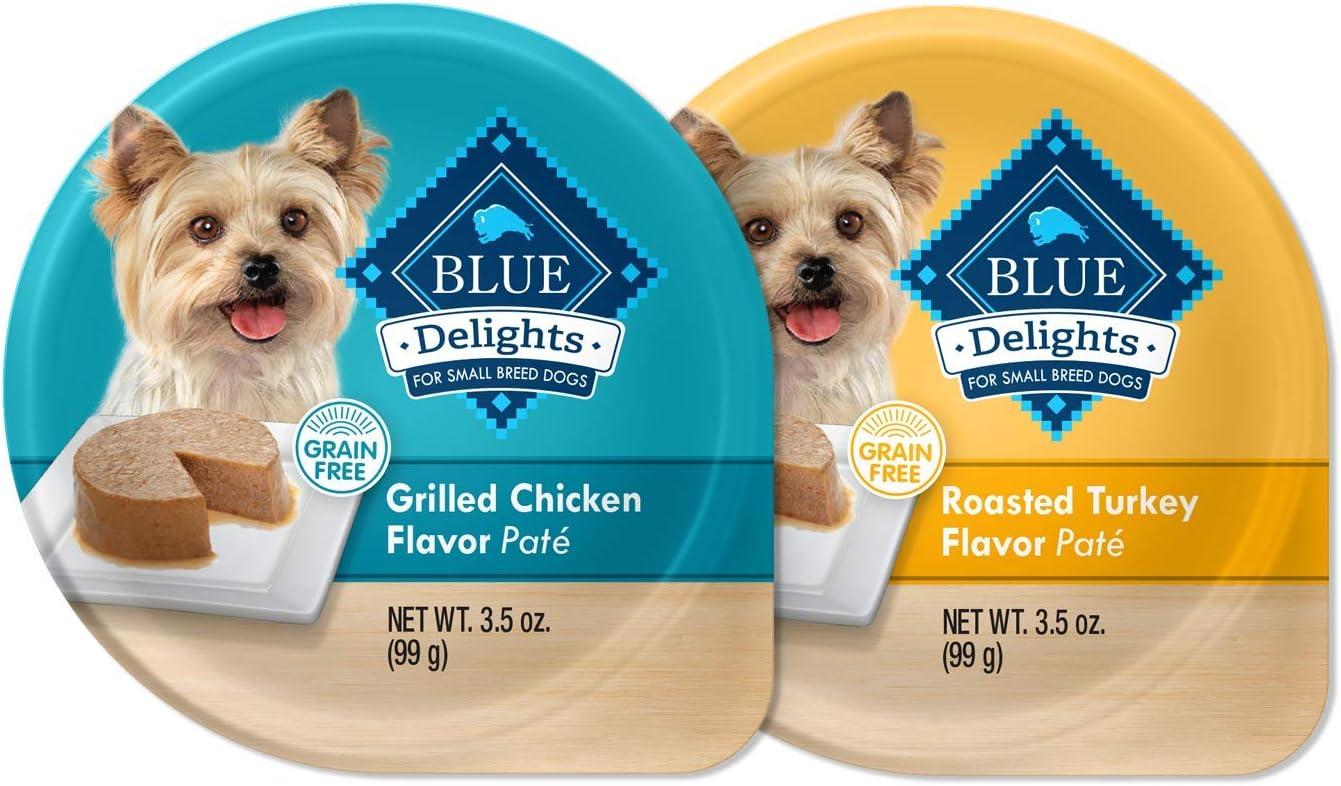 imageBlue Buffalo Delights Natural Adult Small Breed Wet Dog Food Variety Pack Made with Natural Ingredients Filet Mignon Flavor Pat amp Porterhouse Flavor Pat 35oz Cups 12 Count 6 of EachVariety Pack Grilled Chicken Roasted Turkey