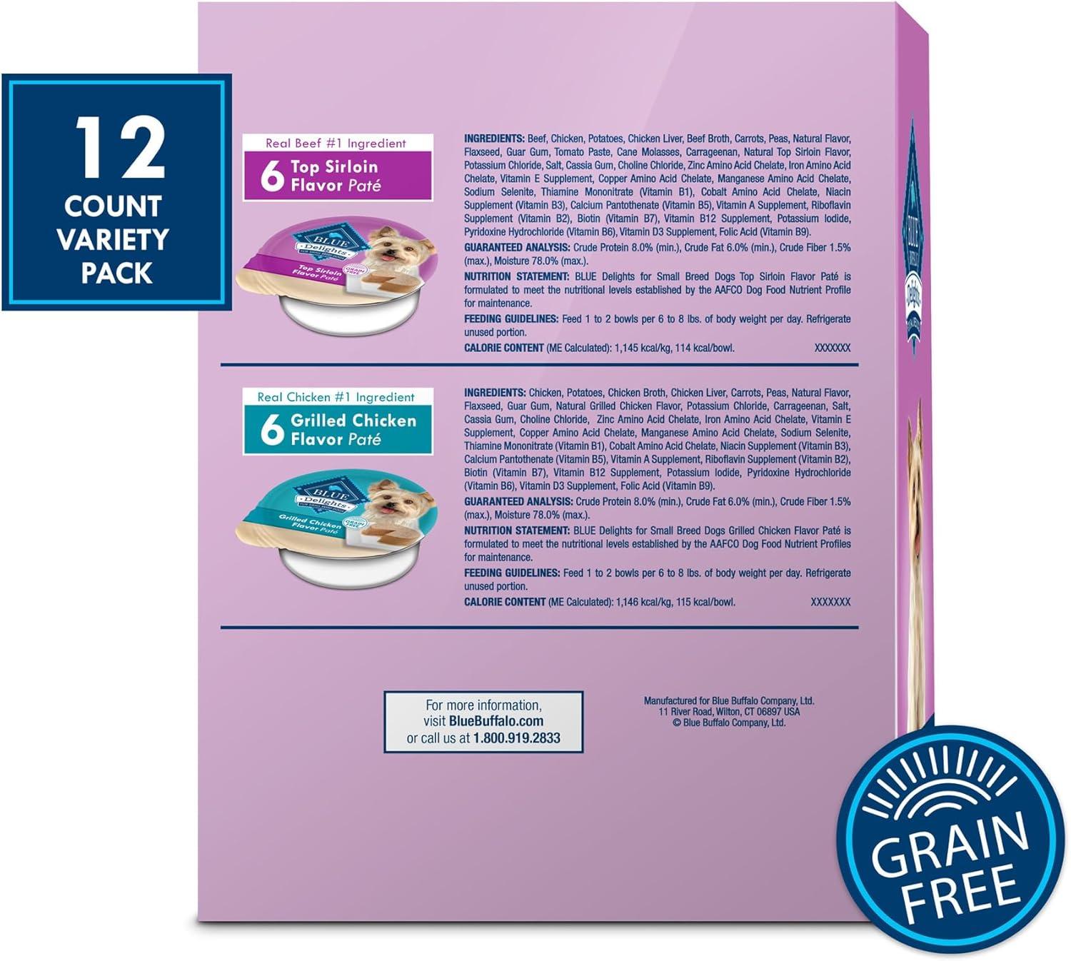 imageBlue Buffalo Delights Natural Adult Small Breed Wet Dog Food Variety Pack Made with Natural Ingredients Filet Mignon Flavor Pat amp Porterhouse Flavor Pat 35oz Cups 12 Count 6 of EachTop Sirloin Grilled Chicken