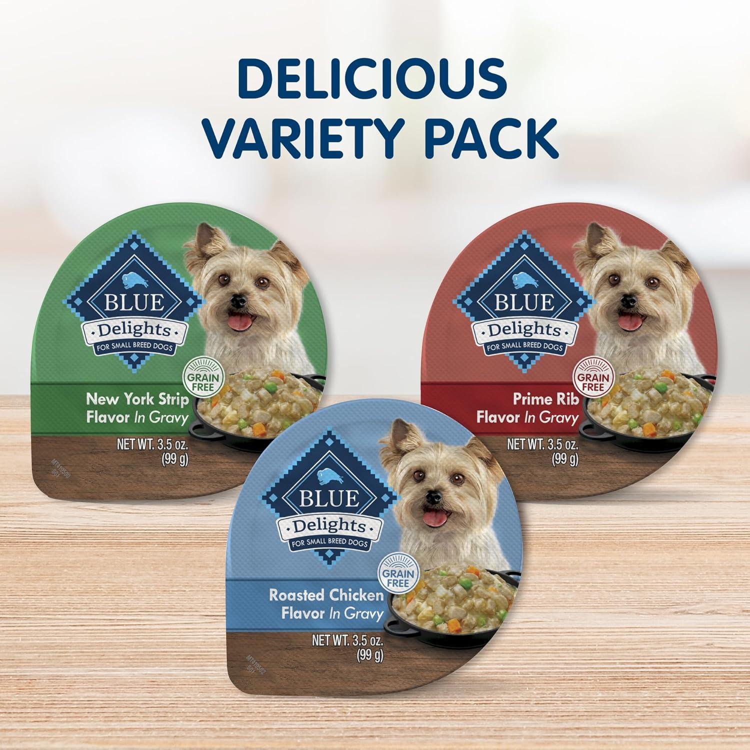 imageBlue Buffalo Delights Small Breed Natural Wet Dog Food Filet Mignon Flavor in Gravy 35oz Cups 12 CountVariety Pack Chicken Prime Rib NY Strip
