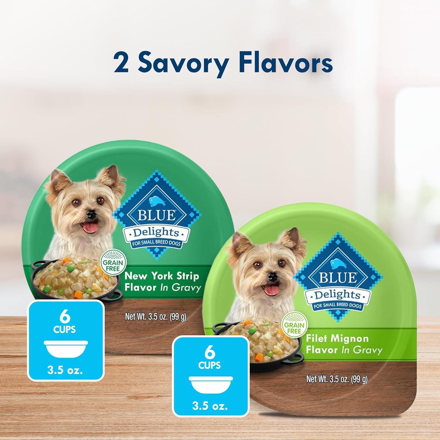 imageBlue Buffalo Delights Small Breed Natural Wet Dog Food Filet Mignon Flavor in Gravy 35oz Cups 12 CountVariety Pack Filet Mignon New York Strip