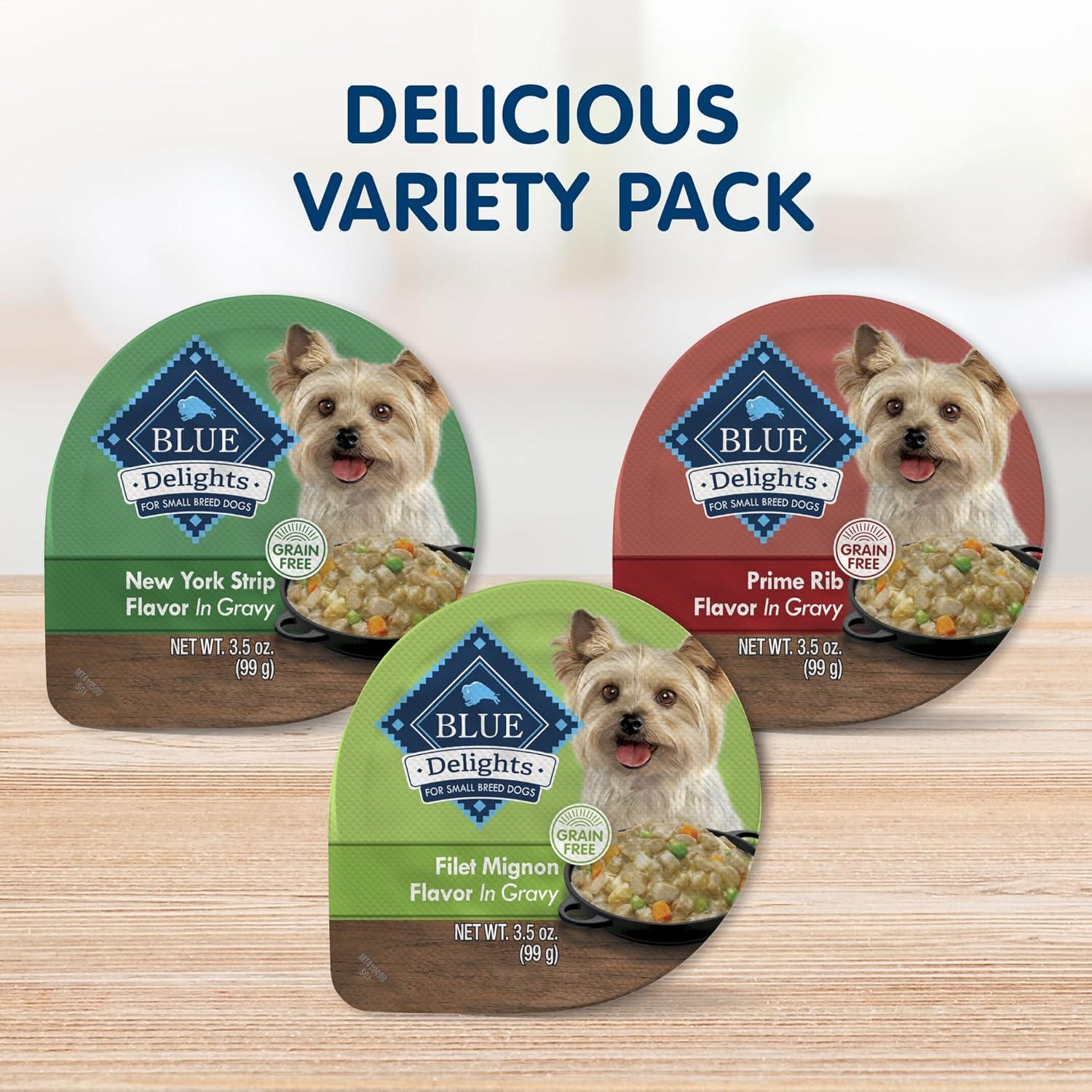 imageBlue Buffalo Delights Small Breed Natural Wet Dog Food Filet Mignon Flavor in Gravy 35oz Cups 12 CountVariety Pack Prime Rib NY Strip Filet Mignon