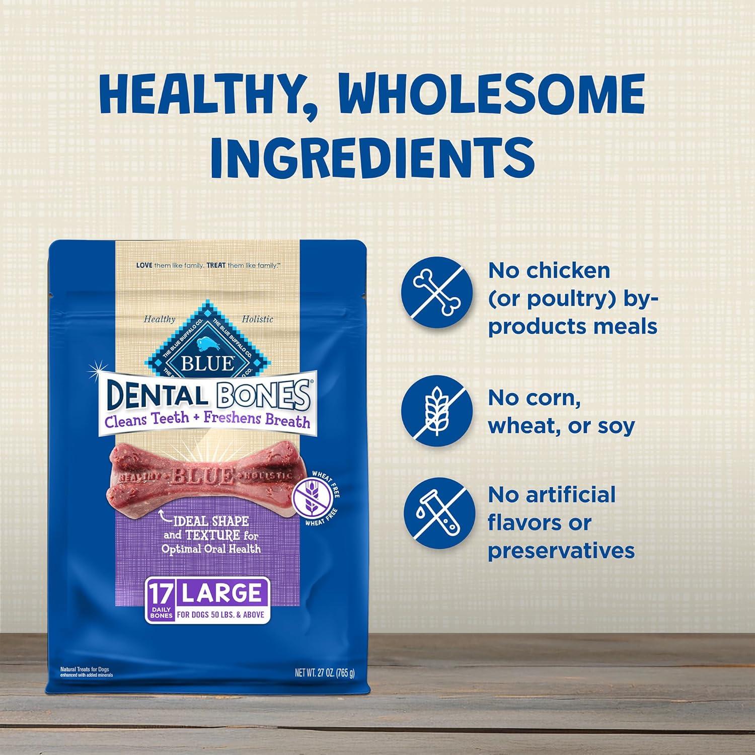imageBlue Buffalo Dental Bones for Large Dogs 50 lbs amp Above Daily Dental Dog Treats Cleans Teeth amp Freshens Breath 27oz 17 BonesUnflavored