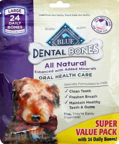 imageBlue Buffalo Dental Bones for Large Dogs 50 lbs amp Above Daily Dental Dog Treats Cleans Teeth amp Freshens Breath 27oz 17 BonesUnflavored