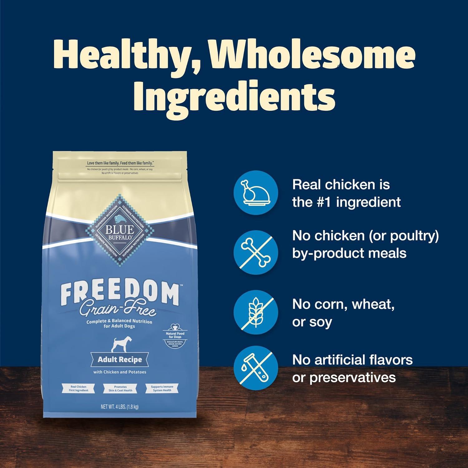 imageBlue Buffalo Freedom GrainFree Dry Dog Food Complete amp Balanced Nutrition for Adult Dogs Made in the USA With Natural Ingredients Chicken amp Potatoes 4lb BagChicken